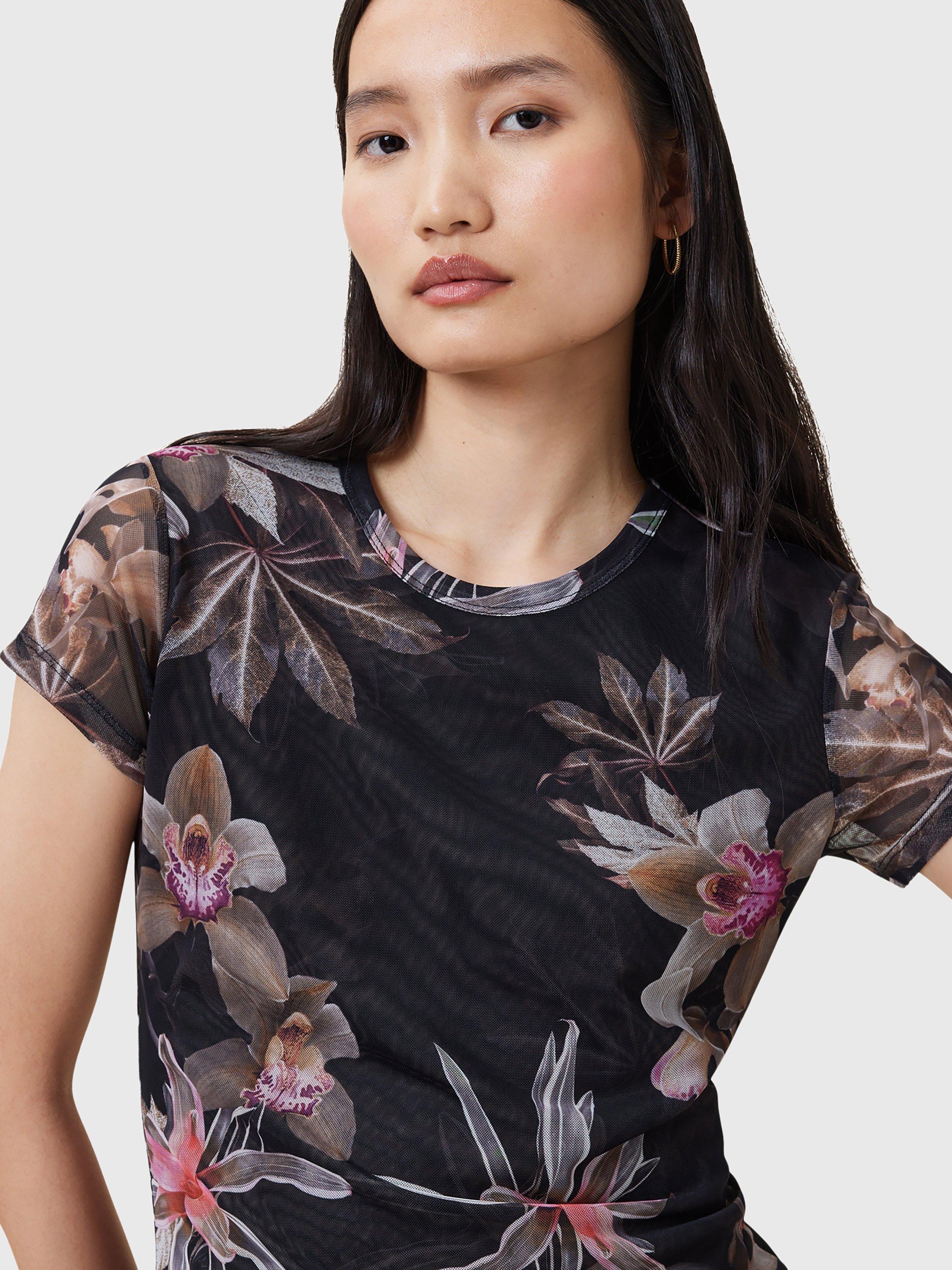Product image 5 of 7, which shows AllSaints Ellie Mesh Floral Print T-Shirt, Adena Black/Multi, 8