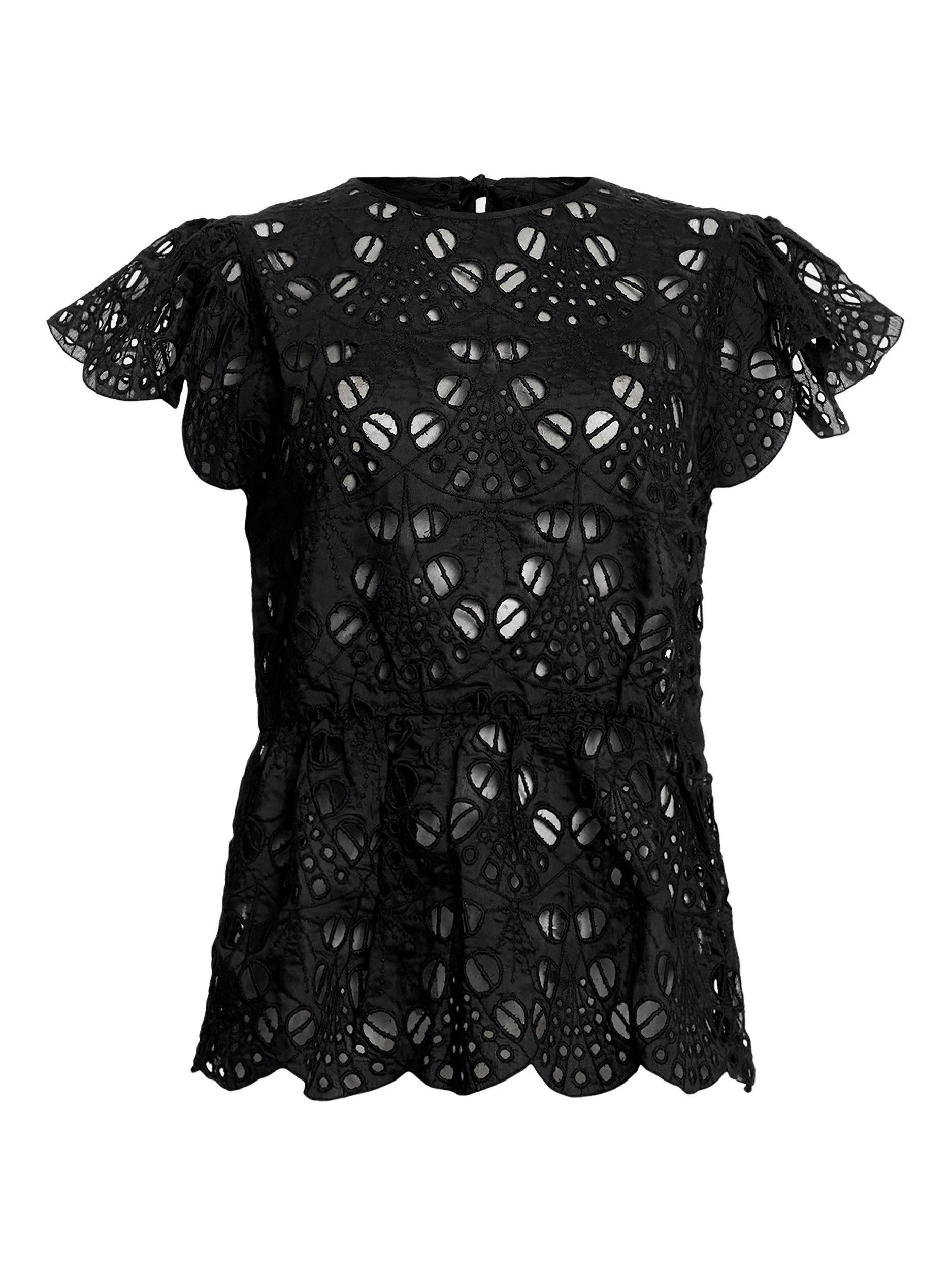Product image 3 of 5, which shows AllSaints Meadow Broderie Anglaise Peplum Top, Black, 10