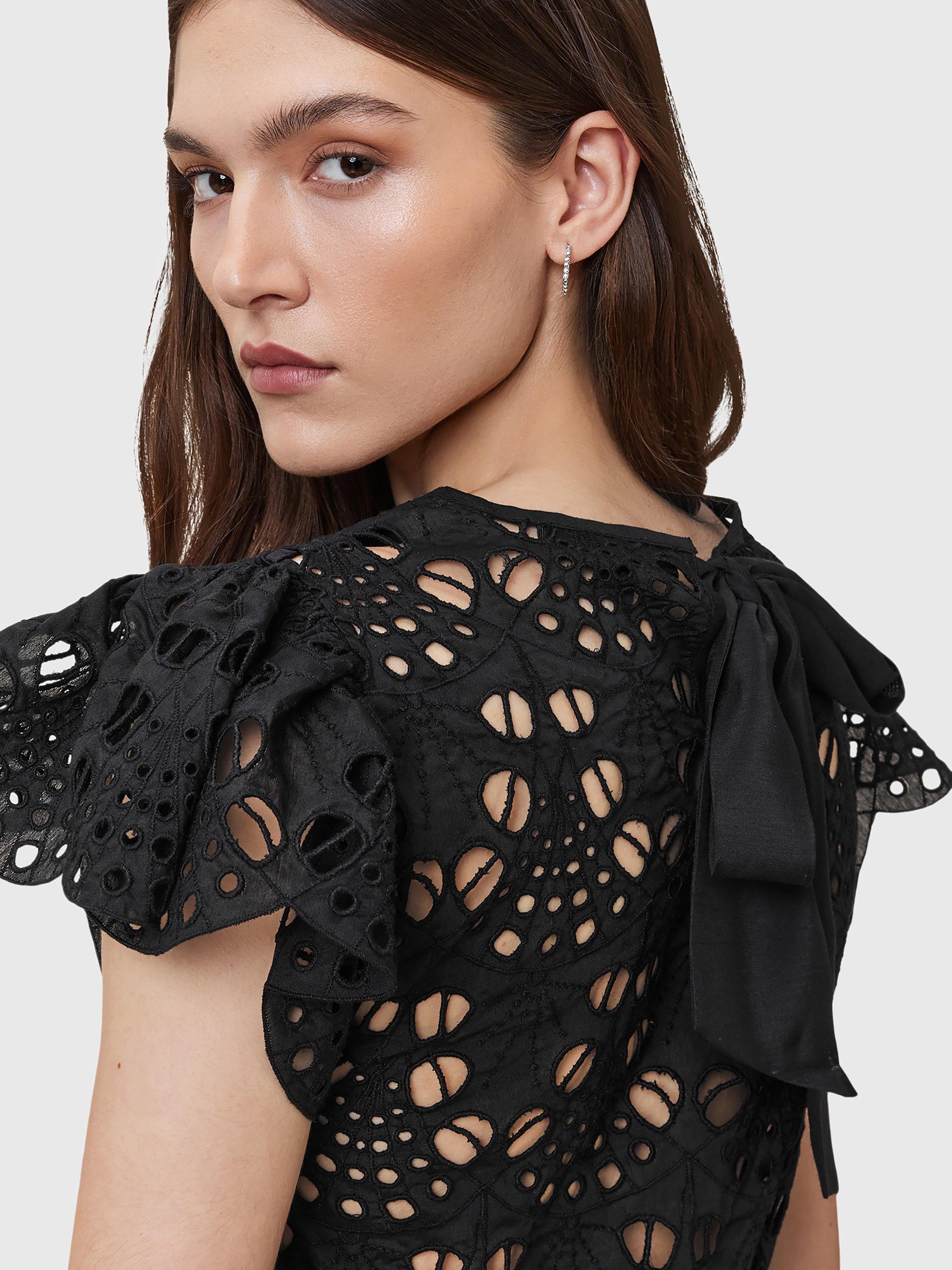 Product image 4 of 5, which shows AllSaints Meadow Broderie Anglaise Peplum Top, Black, 10