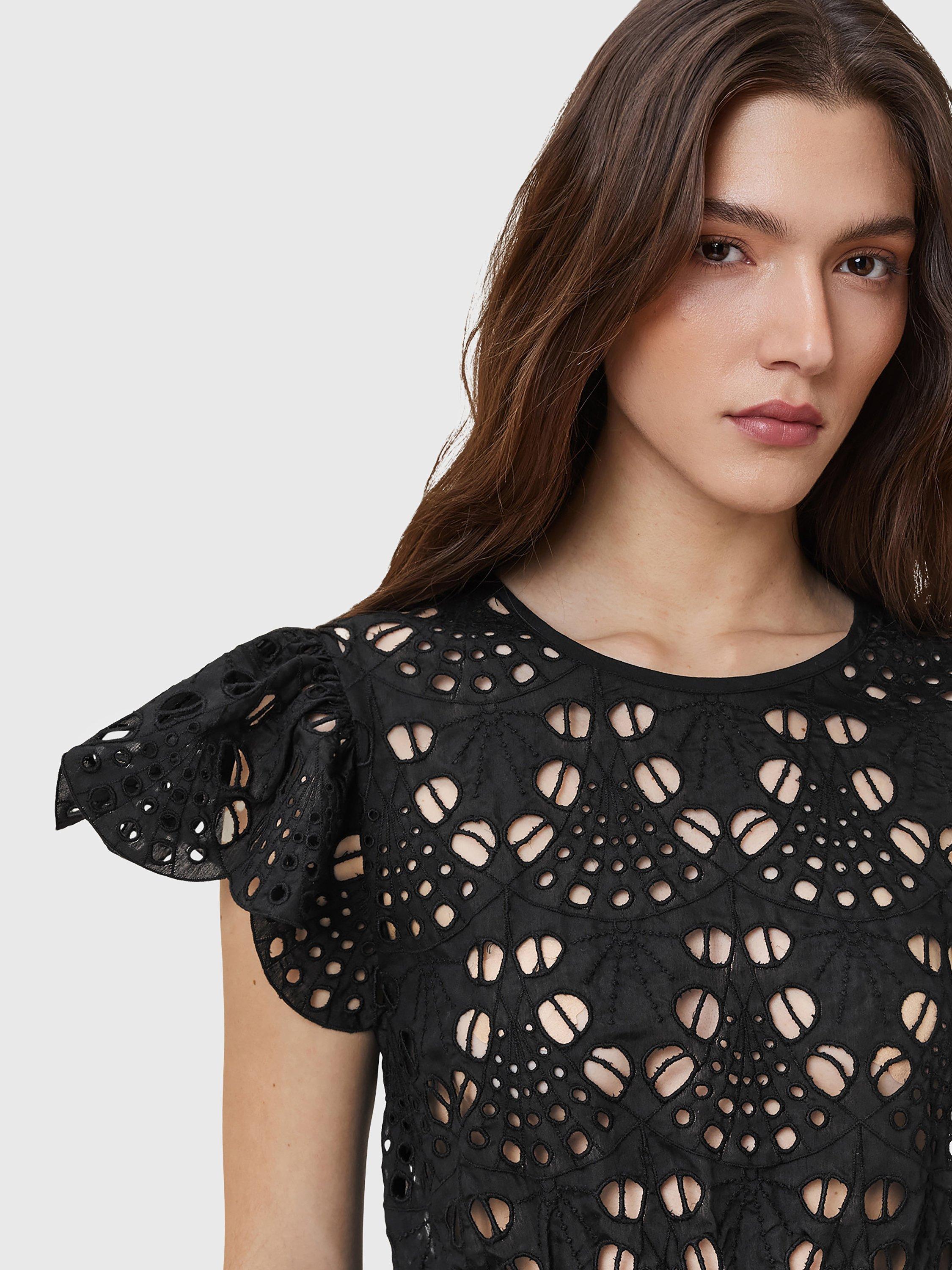 Product image 5 of 5, which shows AllSaints Meadow Broderie Anglaise Peplum Top, Black, 10