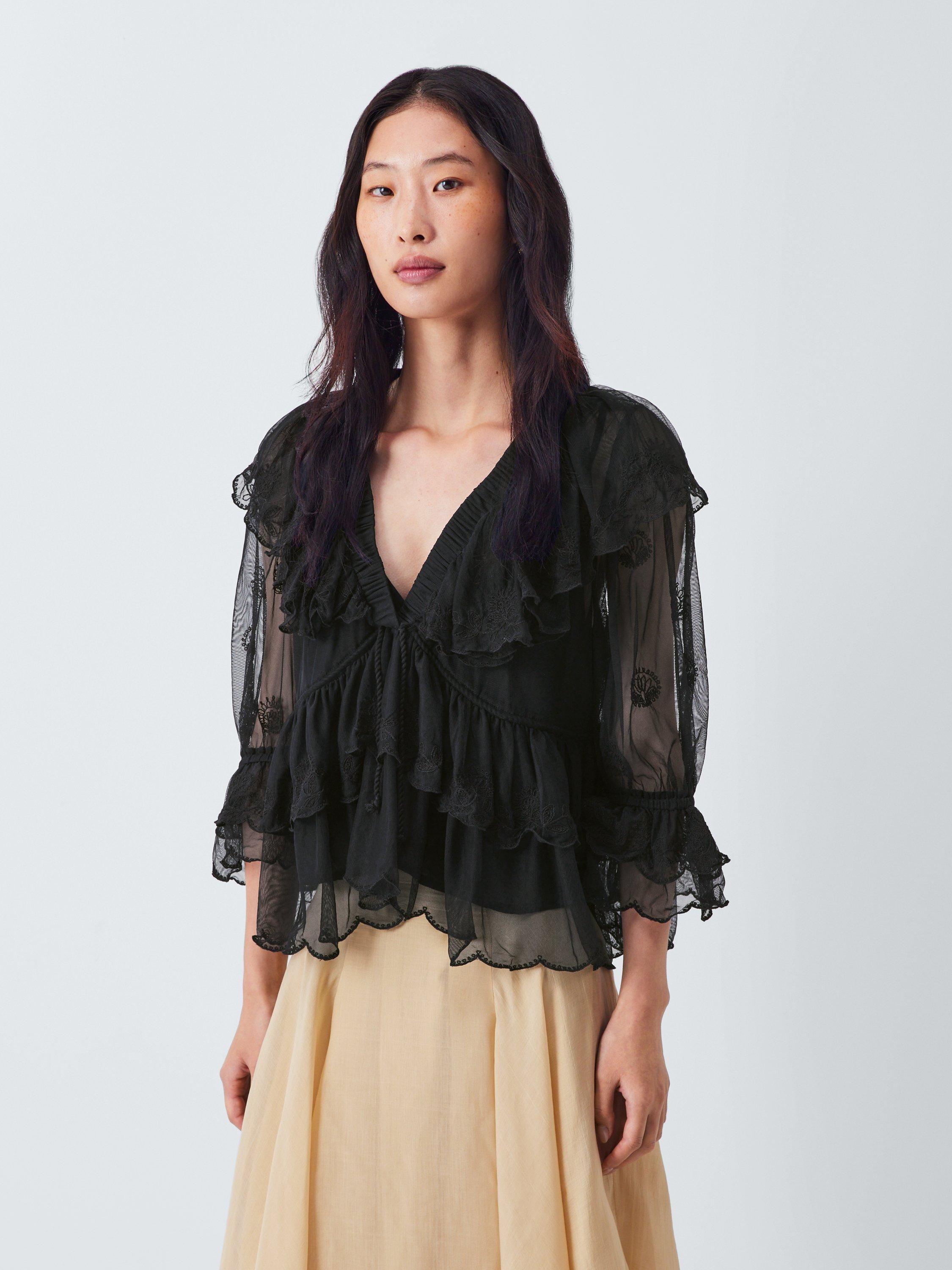 Product image 1 of 6, which shows AND/OR V-Neck Lace Ruffle Blouse, Black, 6