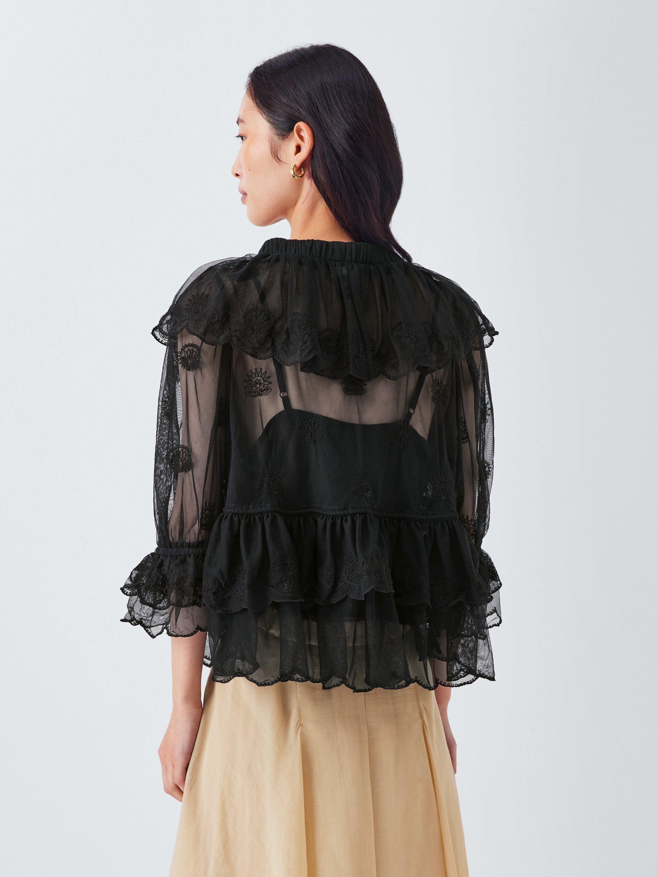 Product image 2 of 6, which shows AND/OR V-Neck Lace Ruffle Blouse, Black, 6