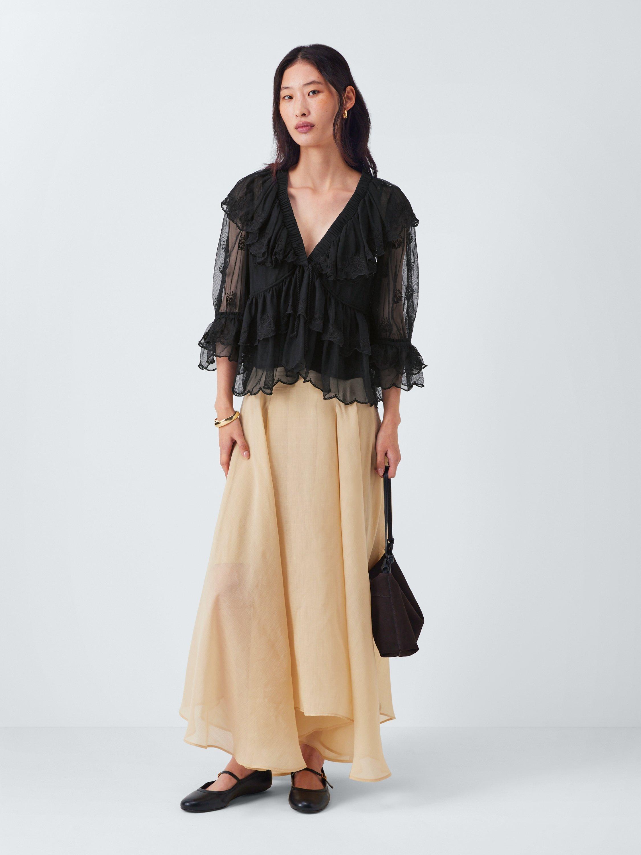 Product image 3 of 6, which shows AND/OR V-Neck Lace Ruffle Blouse, Black, 6