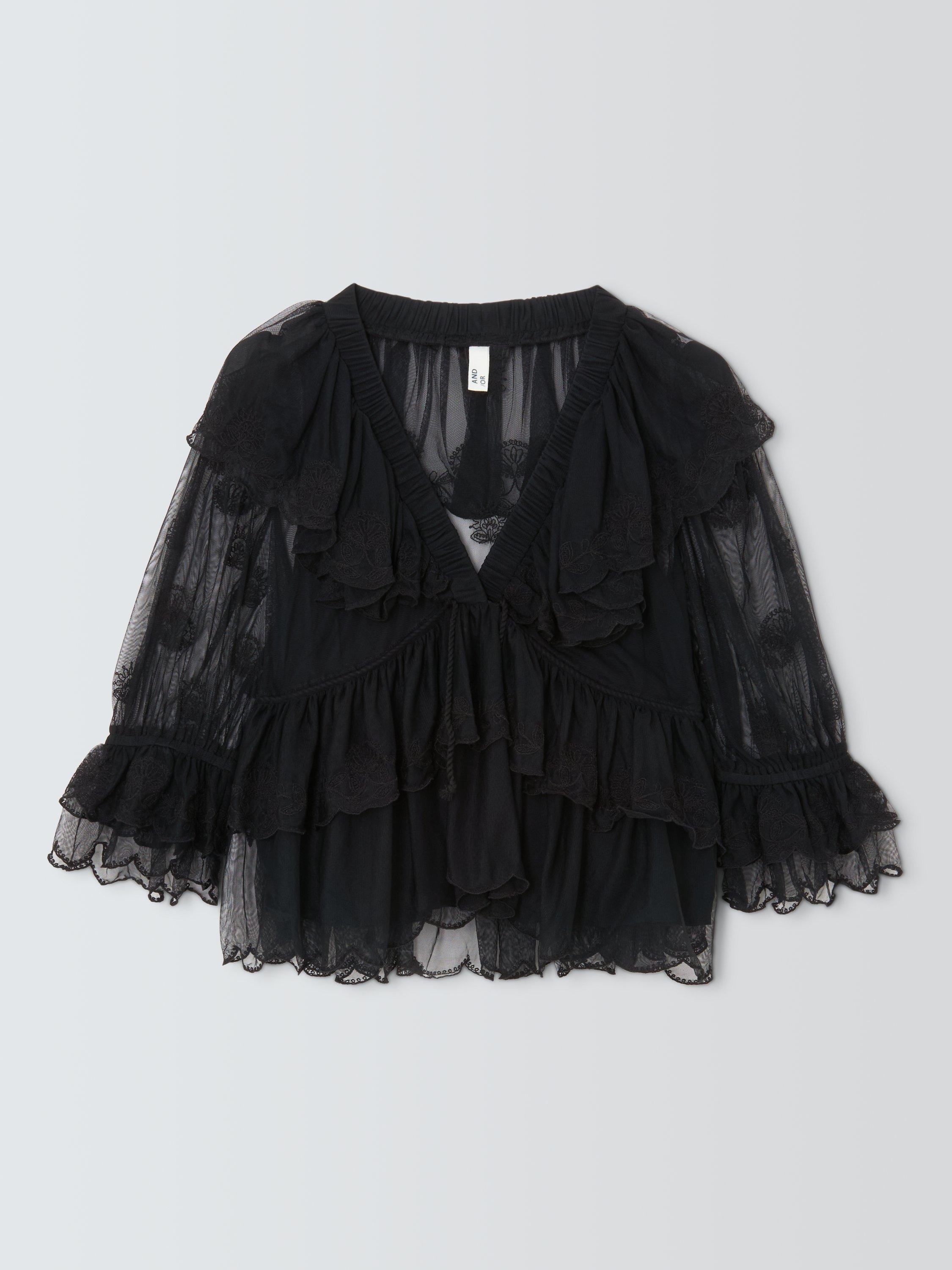 Product image 4 of 6, which shows AND/OR V-Neck Lace Ruffle Blouse, Black, 6
