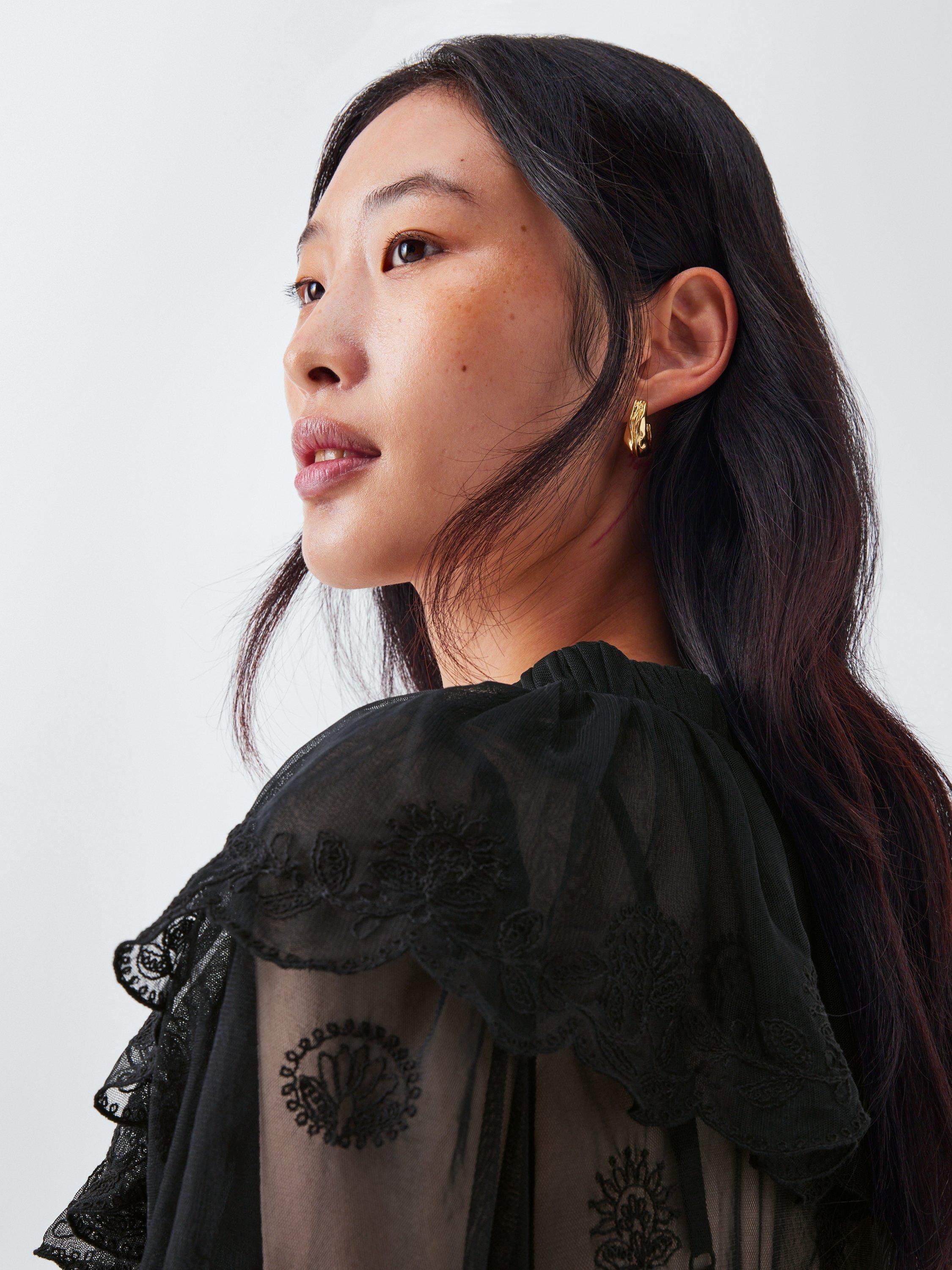 Product image 5 of 6, which shows AND/OR V-Neck Lace Ruffle Blouse, Black, 6