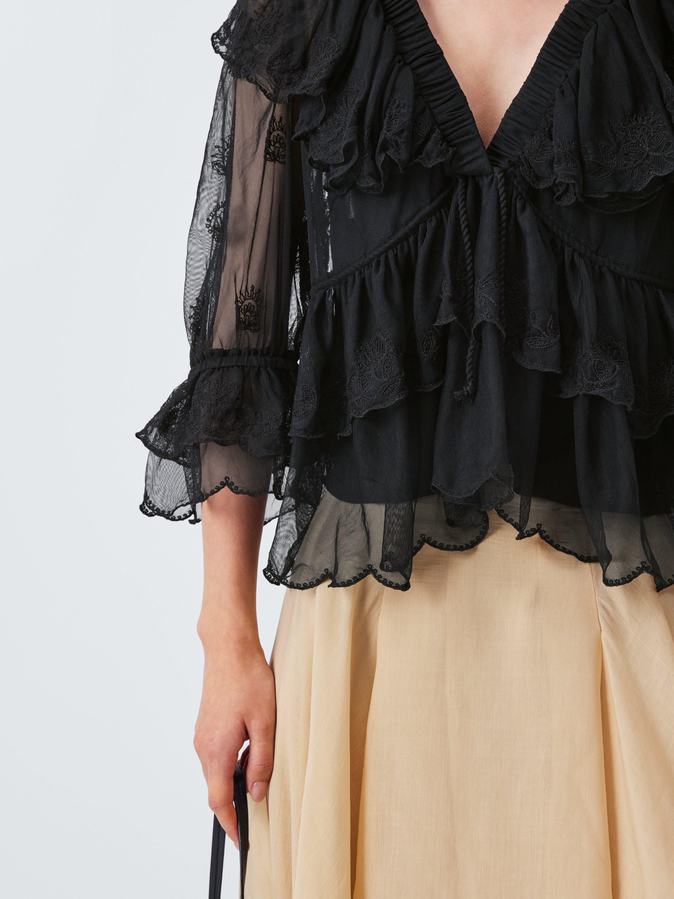 Product image 6 of 6, which shows AND/OR V-Neck Lace Ruffle Blouse, Black, 6