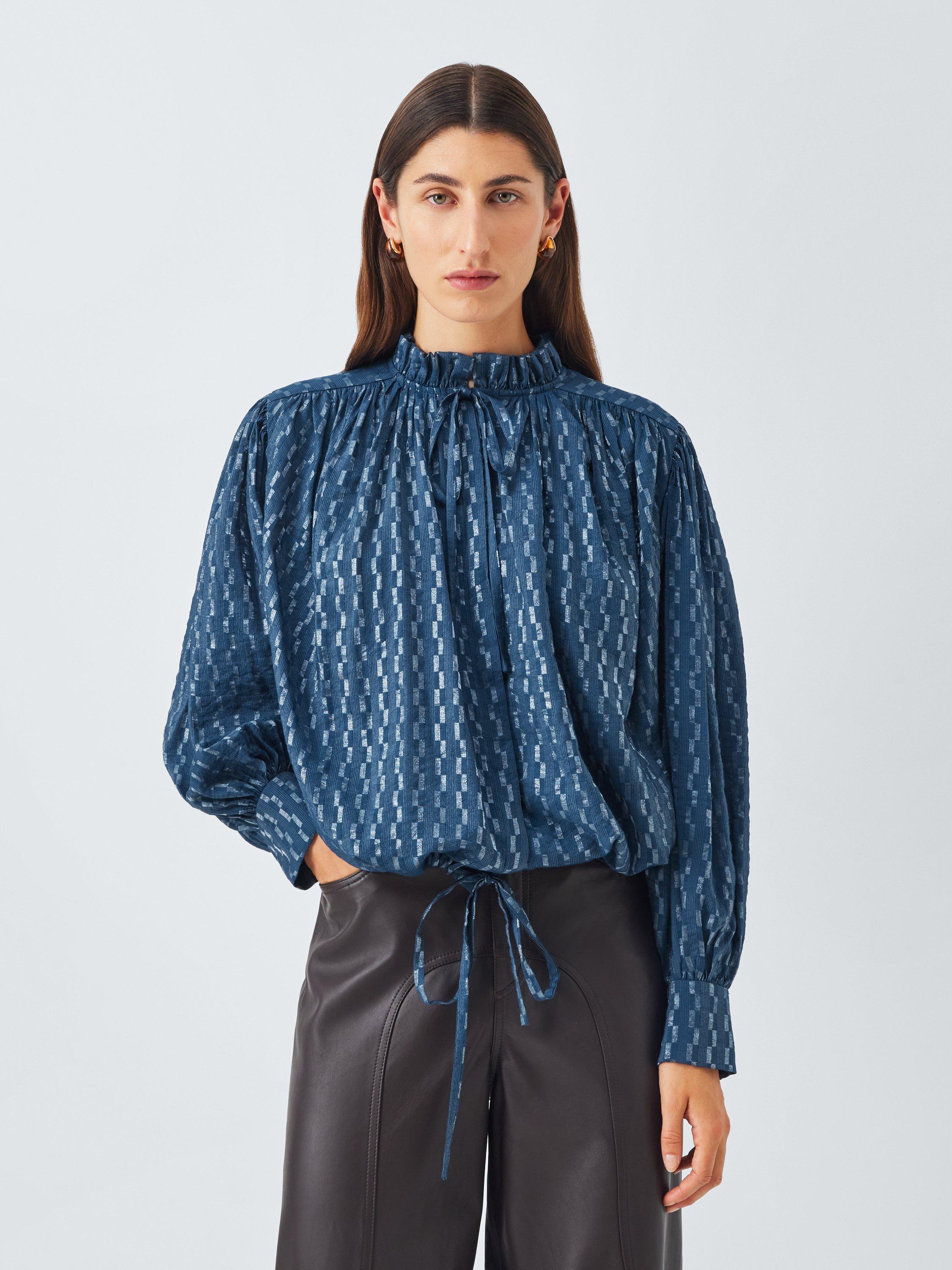 Product image 1 of 6, which shows AND/OR Boho Tie Neck Blouse, Navy, 6