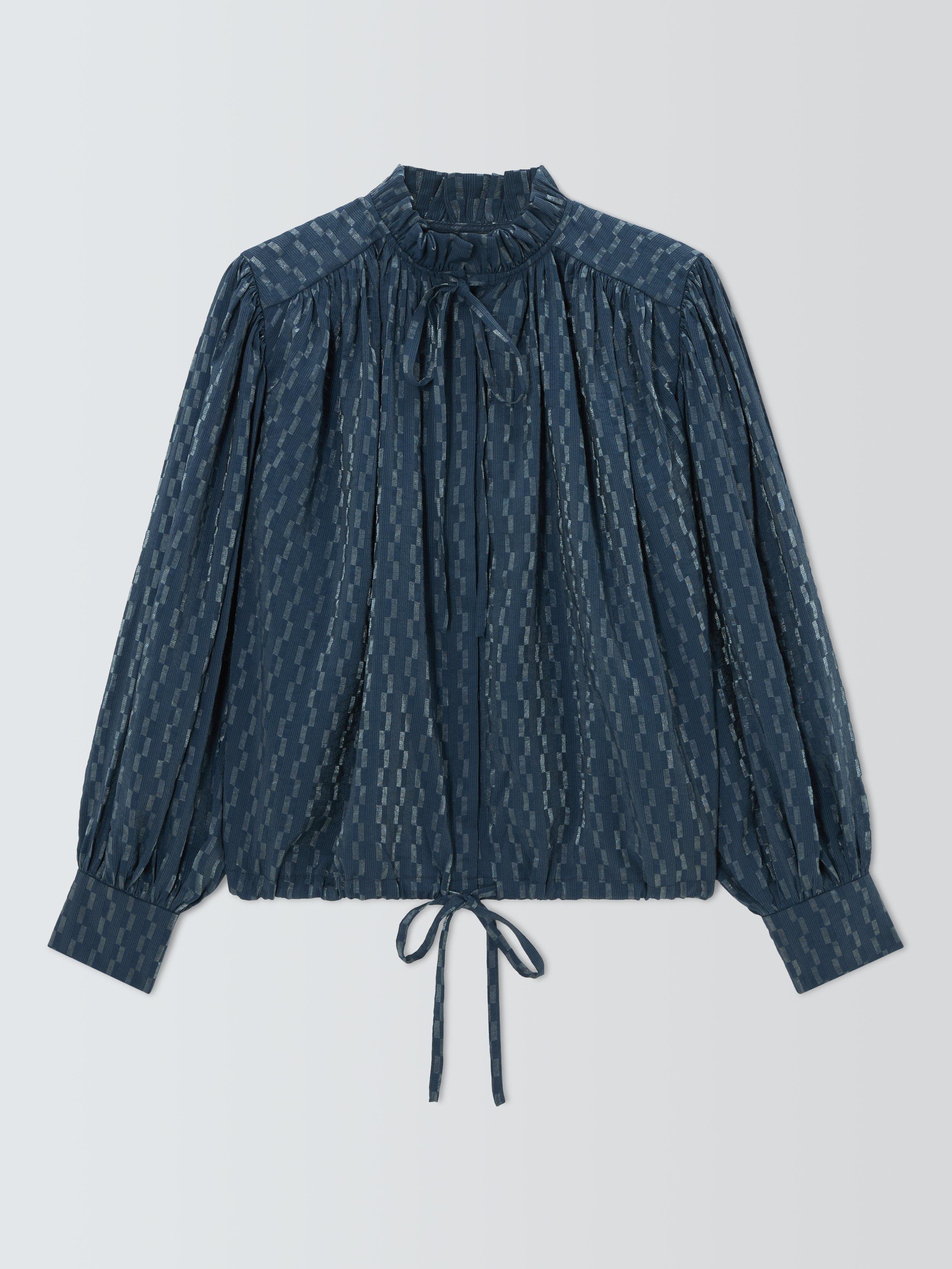 Product image 4 of 6, which shows AND/OR Boho Tie Neck Blouse, Navy, 6