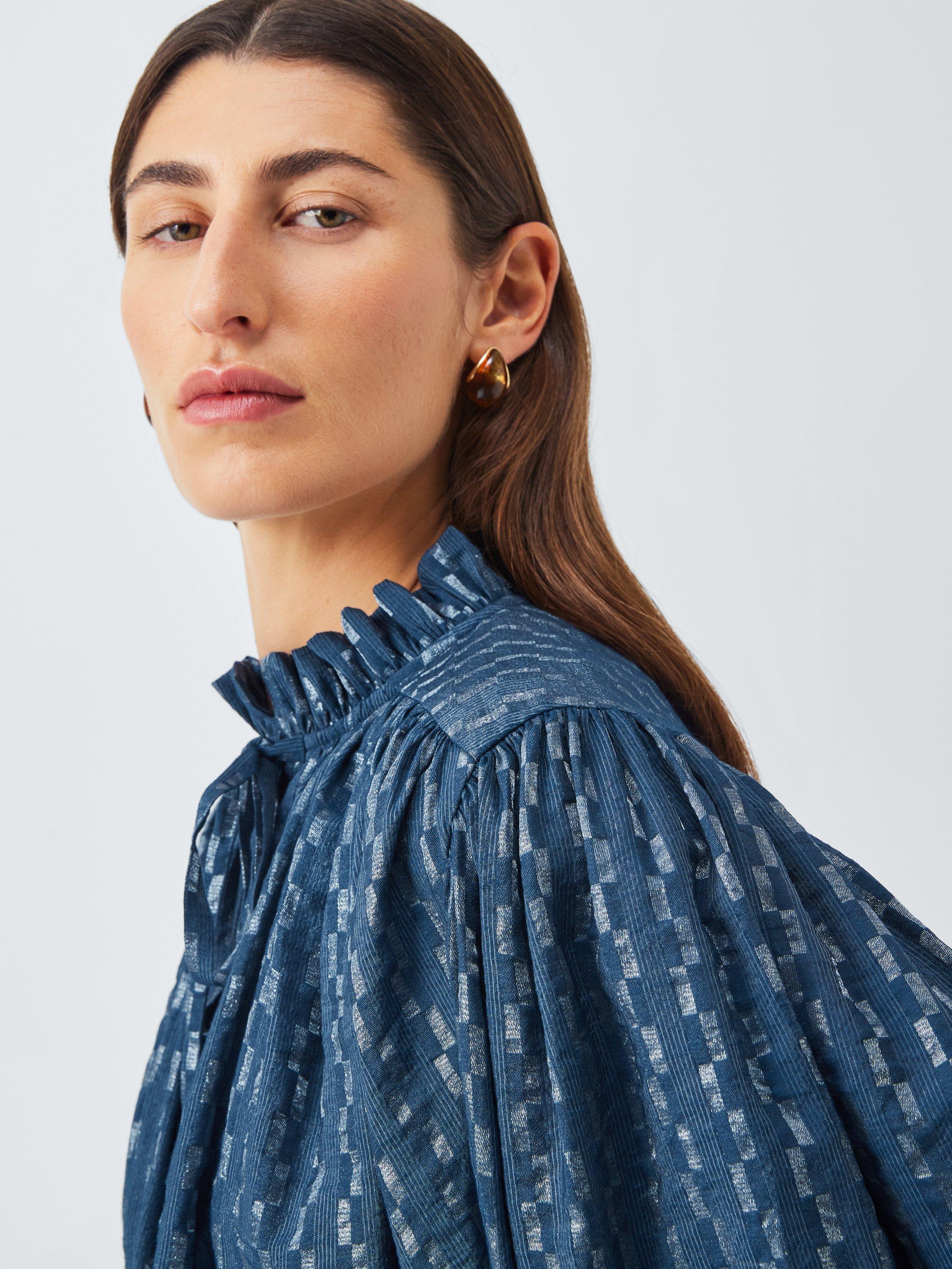 Product image 5 of 6, which shows AND/OR Boho Tie Neck Blouse, Navy, 6