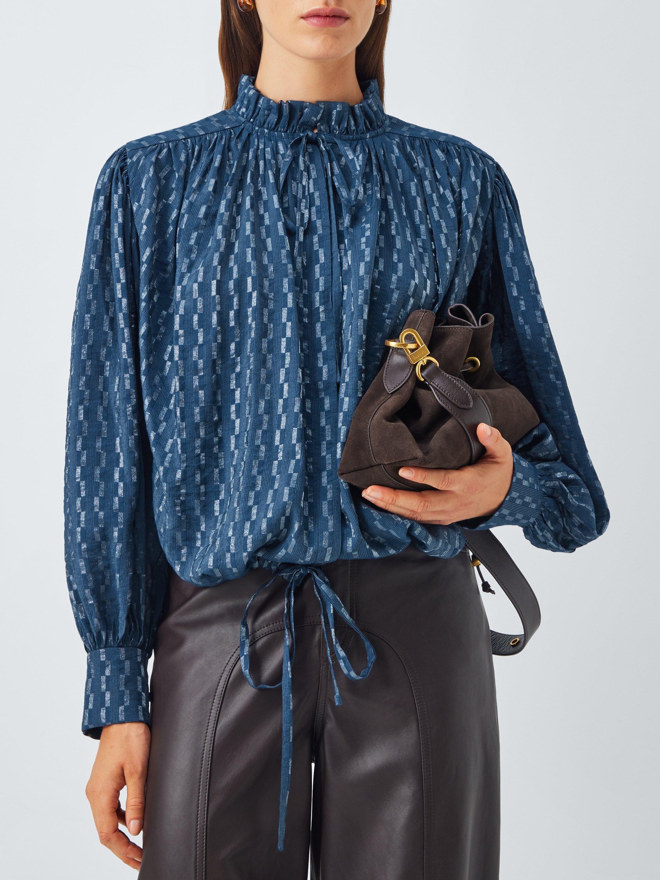 Product image 6 of 6, which shows AND/OR Boho Tie Neck Blouse, Navy, 6