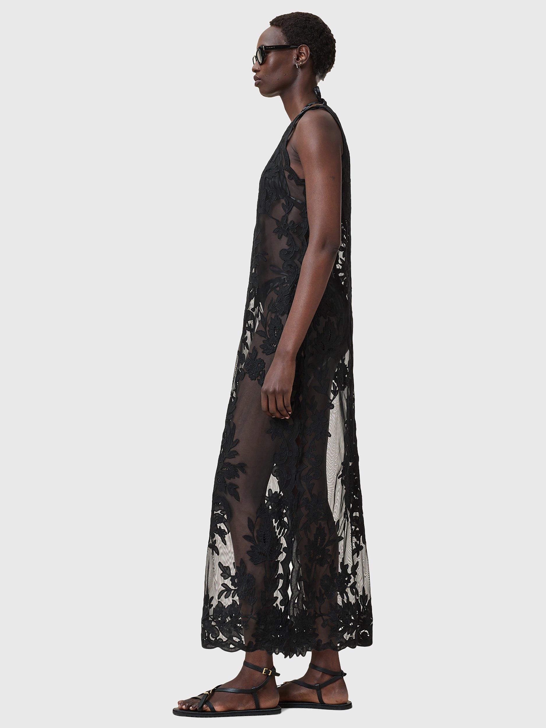 Product image 11 of 11, which shows AllSaints Rye Floral Embroidered Sleeveless Dress, Black, 10