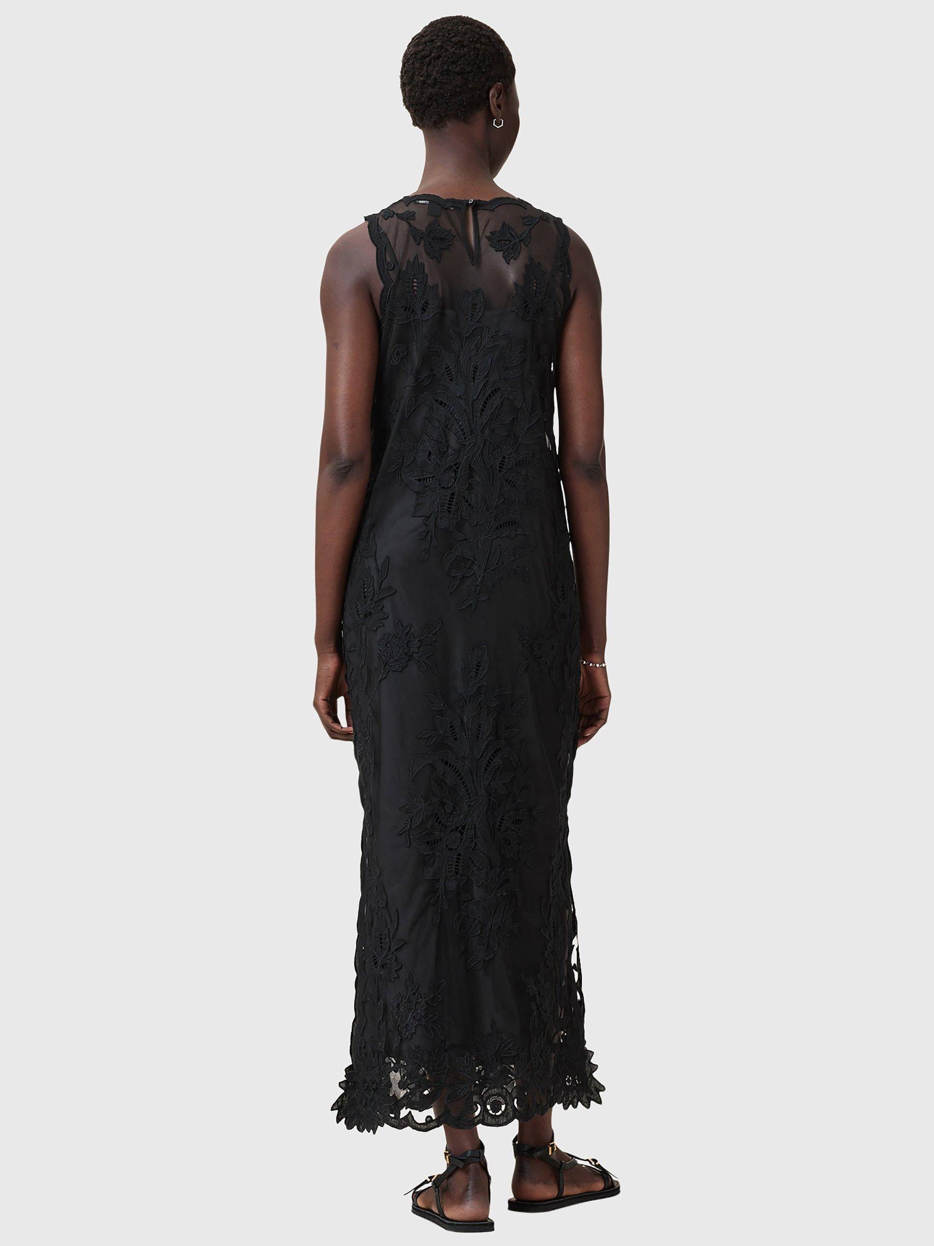 Product image 2 of 11, which shows AllSaints Rye Floral Embroidered Sleeveless Dress, Black, 10