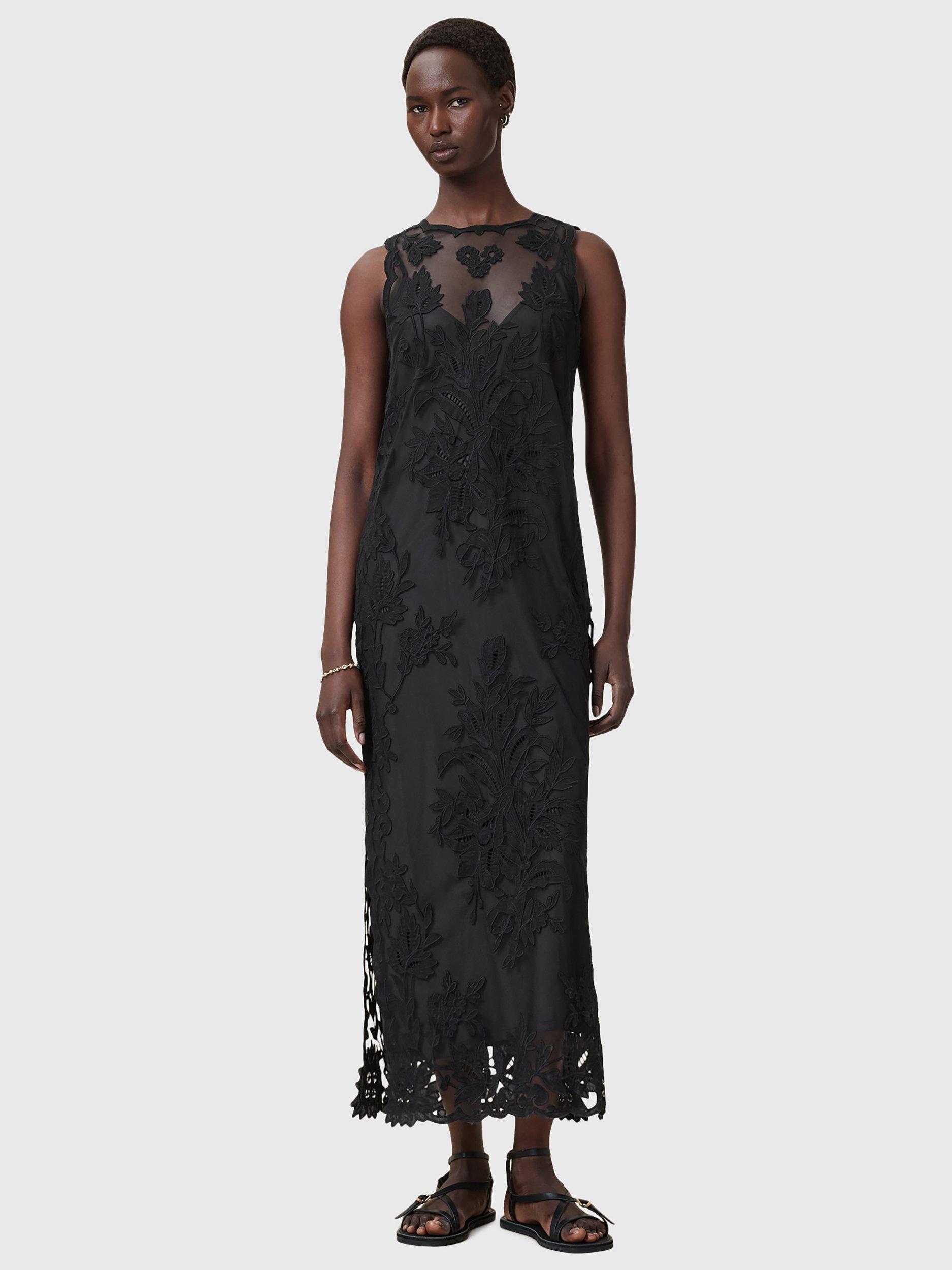 Product image 3 of 11, which shows AllSaints Rye Floral Embroidered Sleeveless Dress, Black, 10