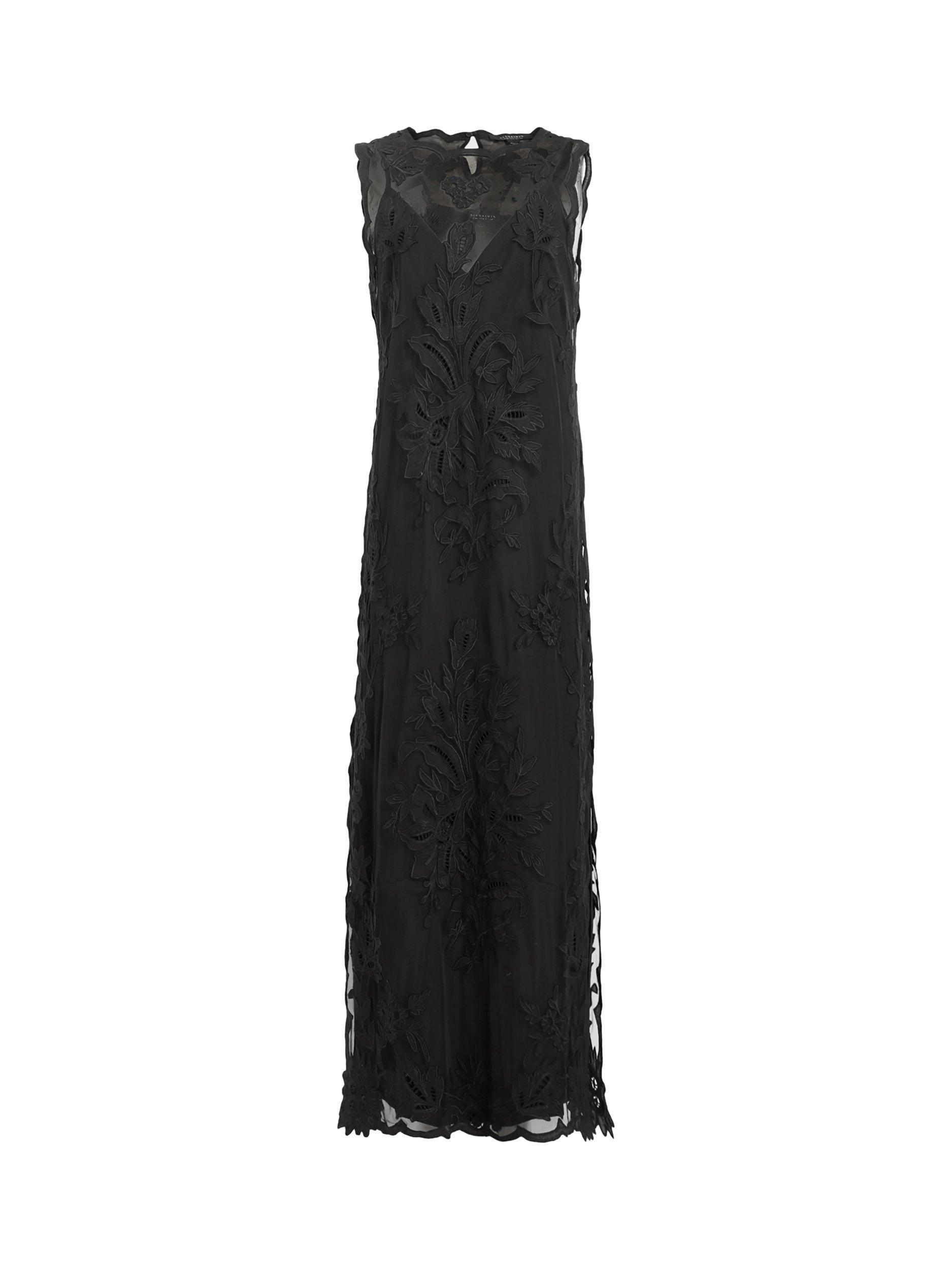 Product image 4 of 11, which shows AllSaints Rye Floral Embroidered Sleeveless Dress, Black, 10