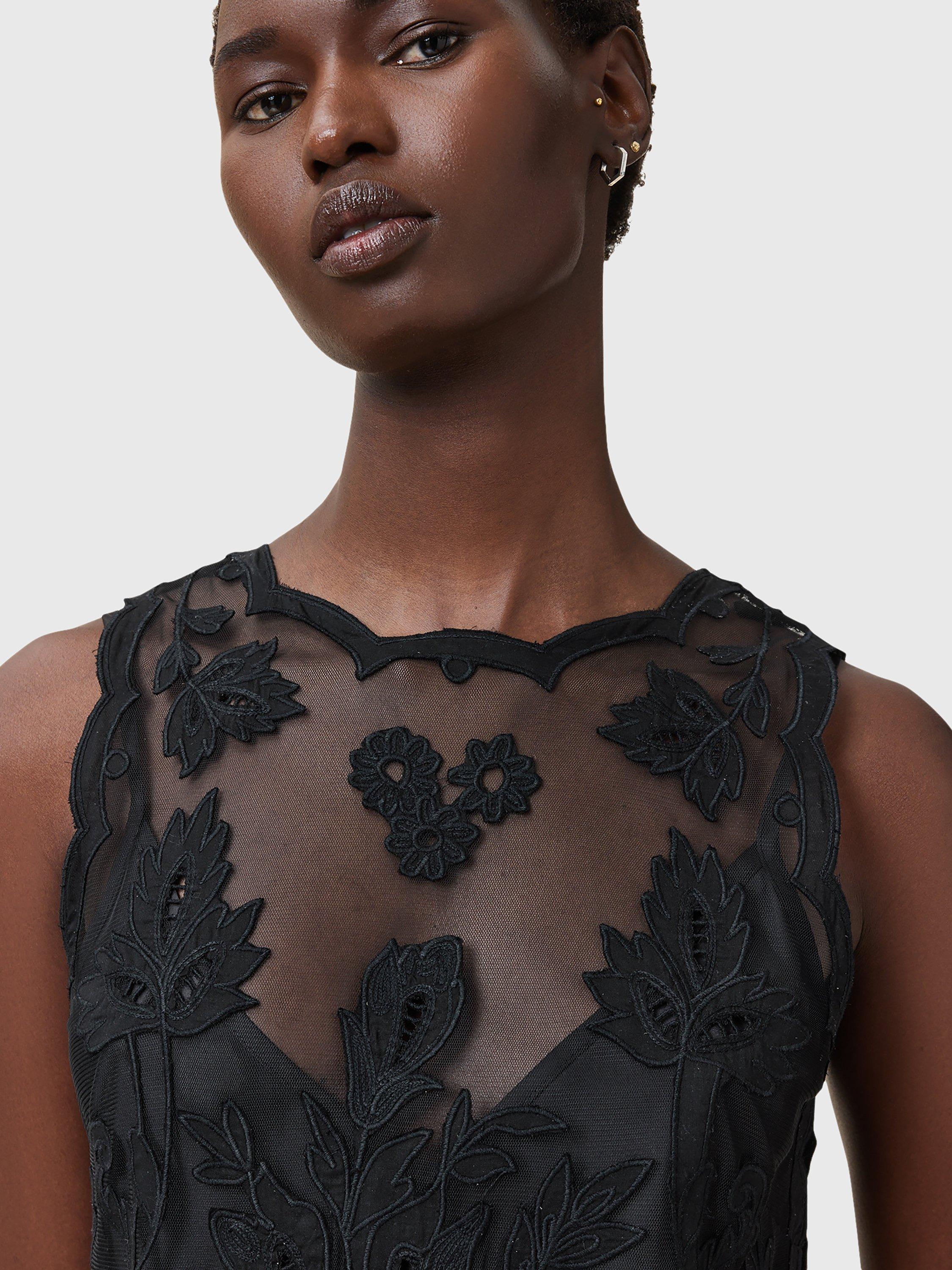 Product image 5 of 11, which shows AllSaints Rye Floral Embroidered Sleeveless Dress, Black, 10