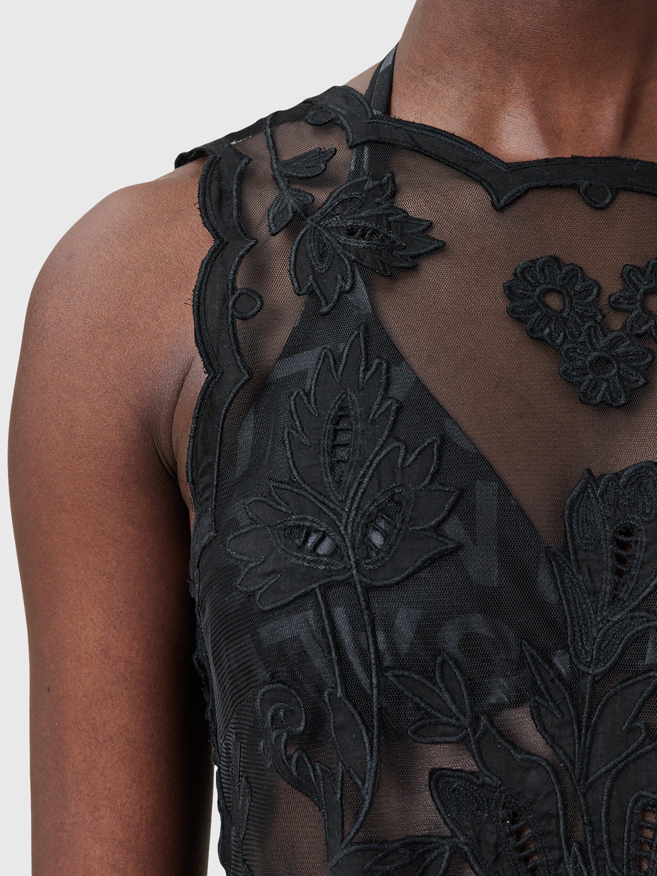 Product image 6 of 11, which shows AllSaints Rye Floral Embroidered Sleeveless Dress, Black, 10