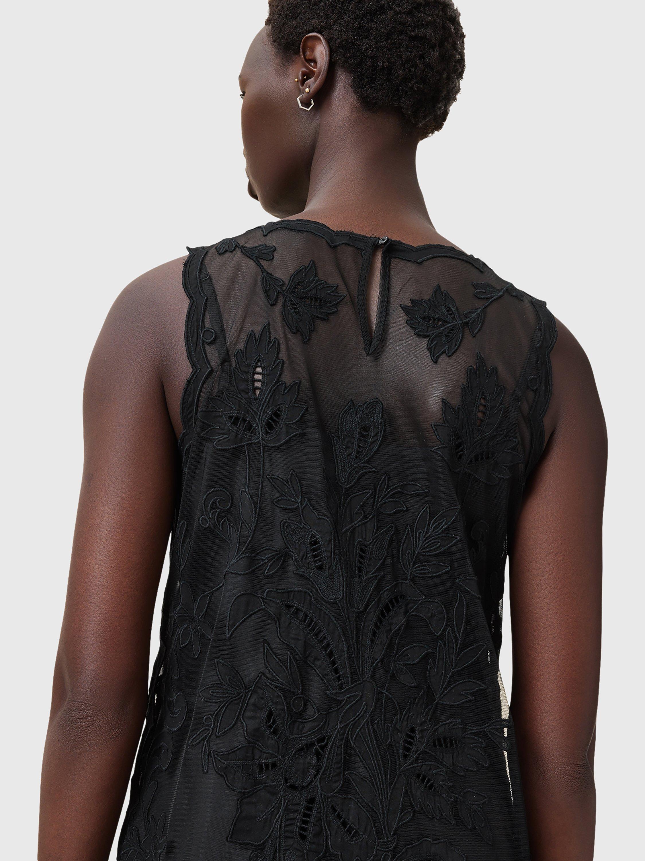 Product image 7 of 11, which shows AllSaints Rye Floral Embroidered Sleeveless Dress, Black, 10