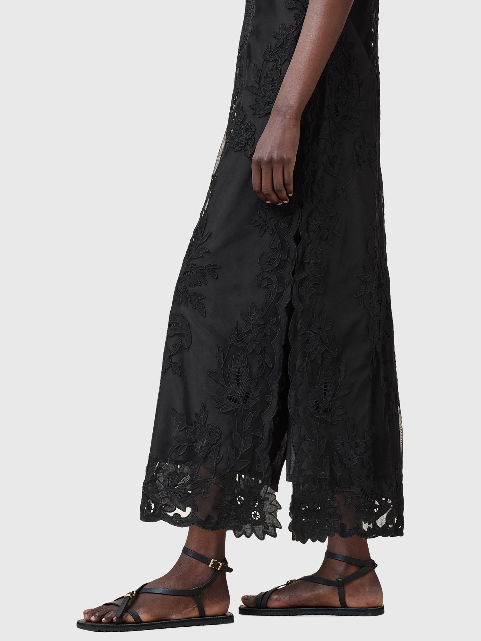 Product image 8 of 11, which shows AllSaints Rye Floral Embroidered Sleeveless Dress, Black, 10