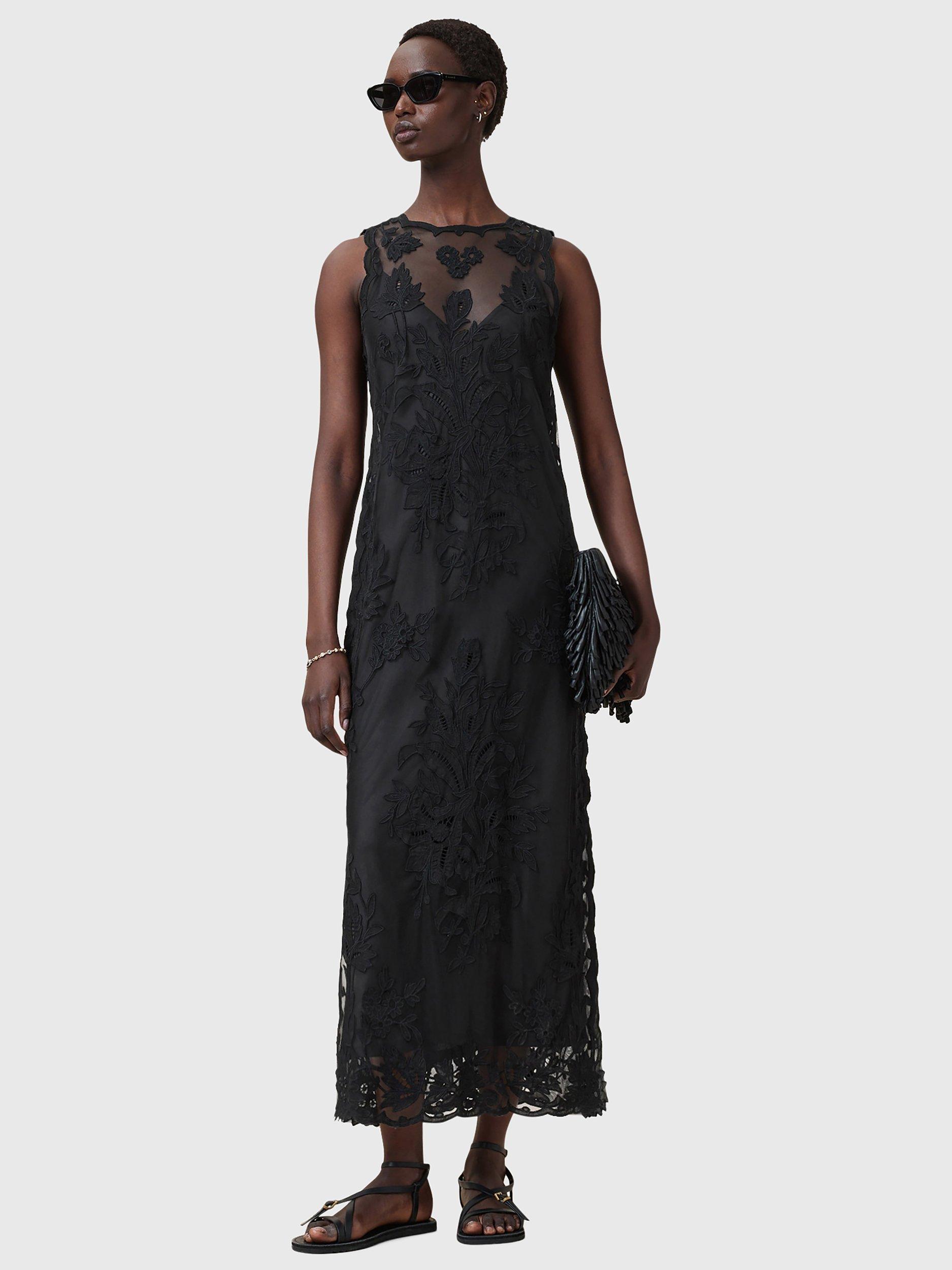 Product image 9 of 11, which shows AllSaints Rye Floral Embroidered Sleeveless Dress, Black, 10