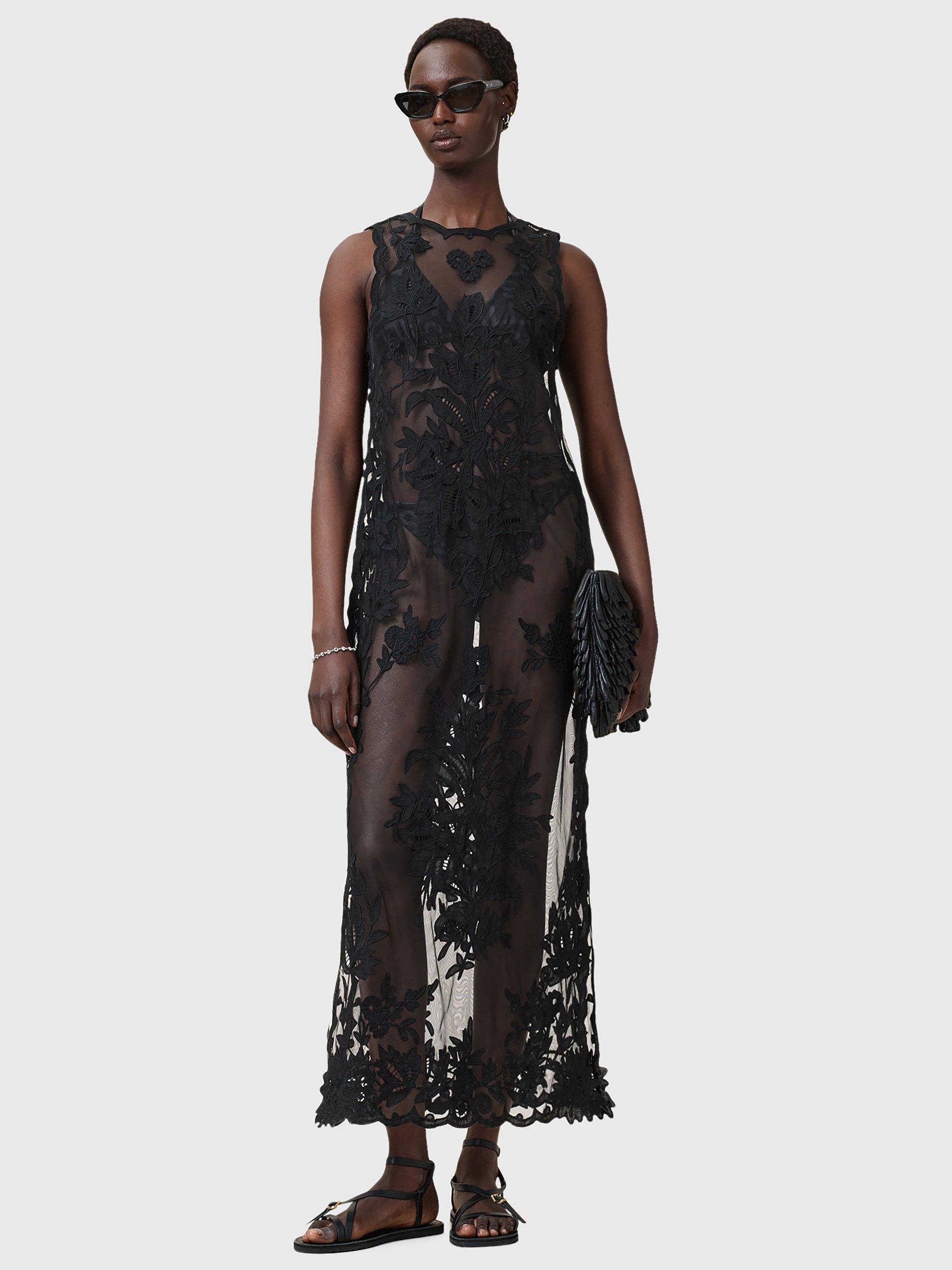 Product image 10 of 11, which shows AllSaints Rye Floral Embroidered Sleeveless Dress, Black, 10