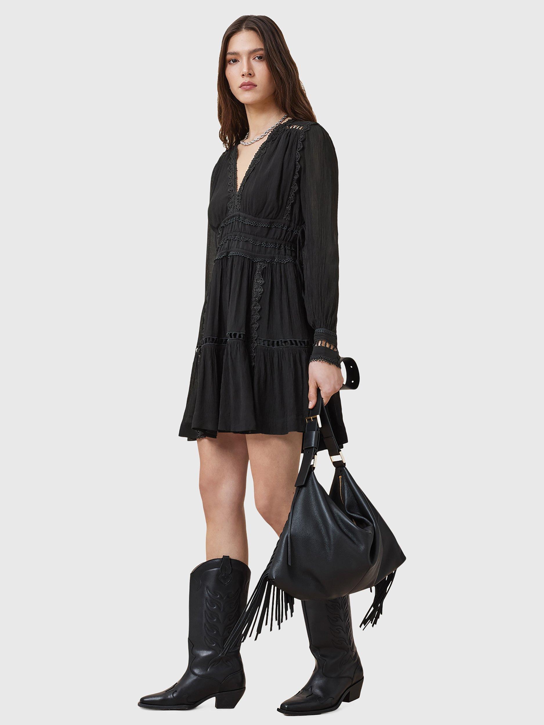 Product image 3 of 8, which shows AllSaints Xanthe Long Sleeve Mini Dress, Black, 8