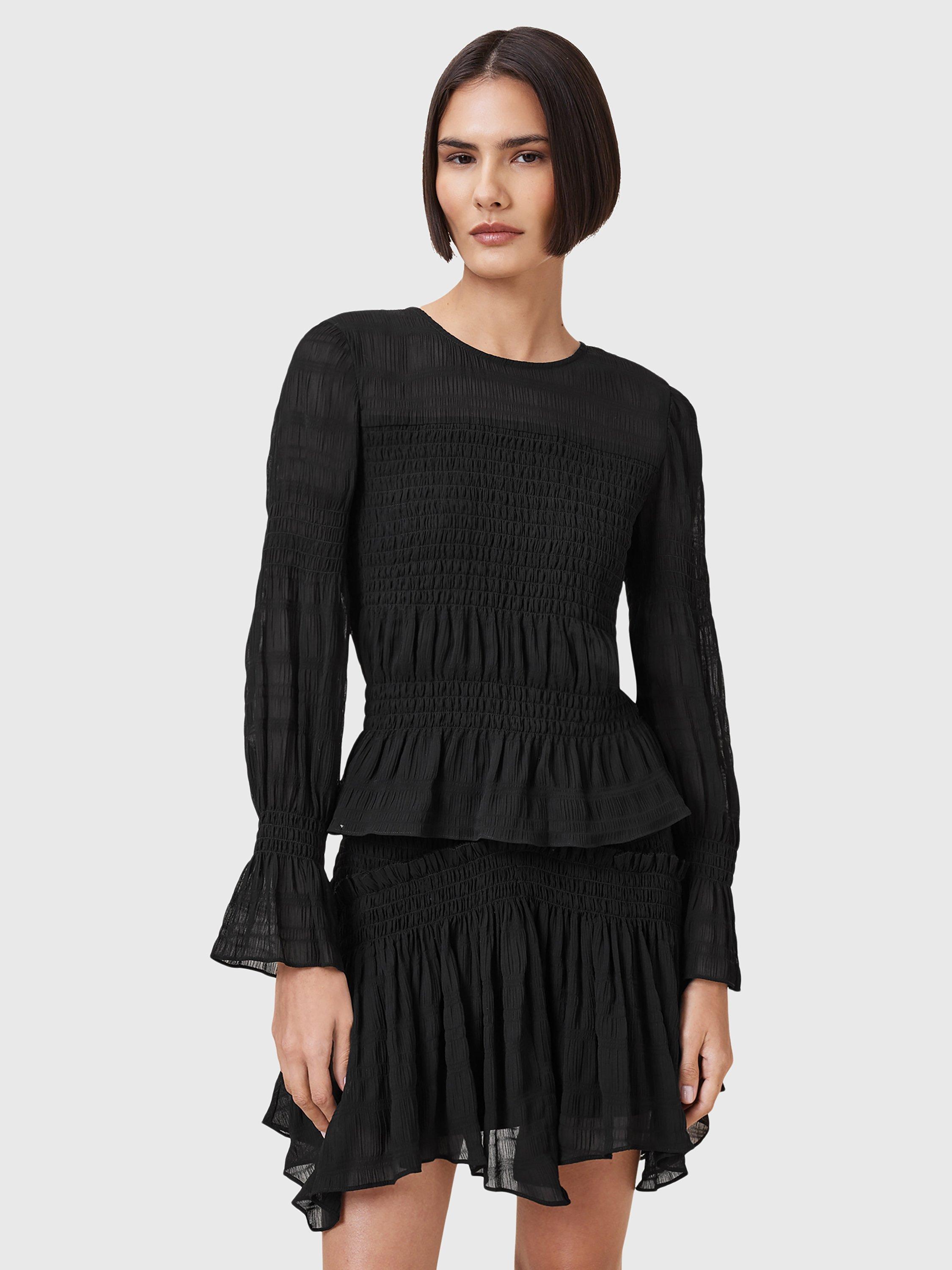 Product image 1 of 7, which shows AllSaints Pamela Shirred Mixed Blend Long Sleeve Top, Black, 10