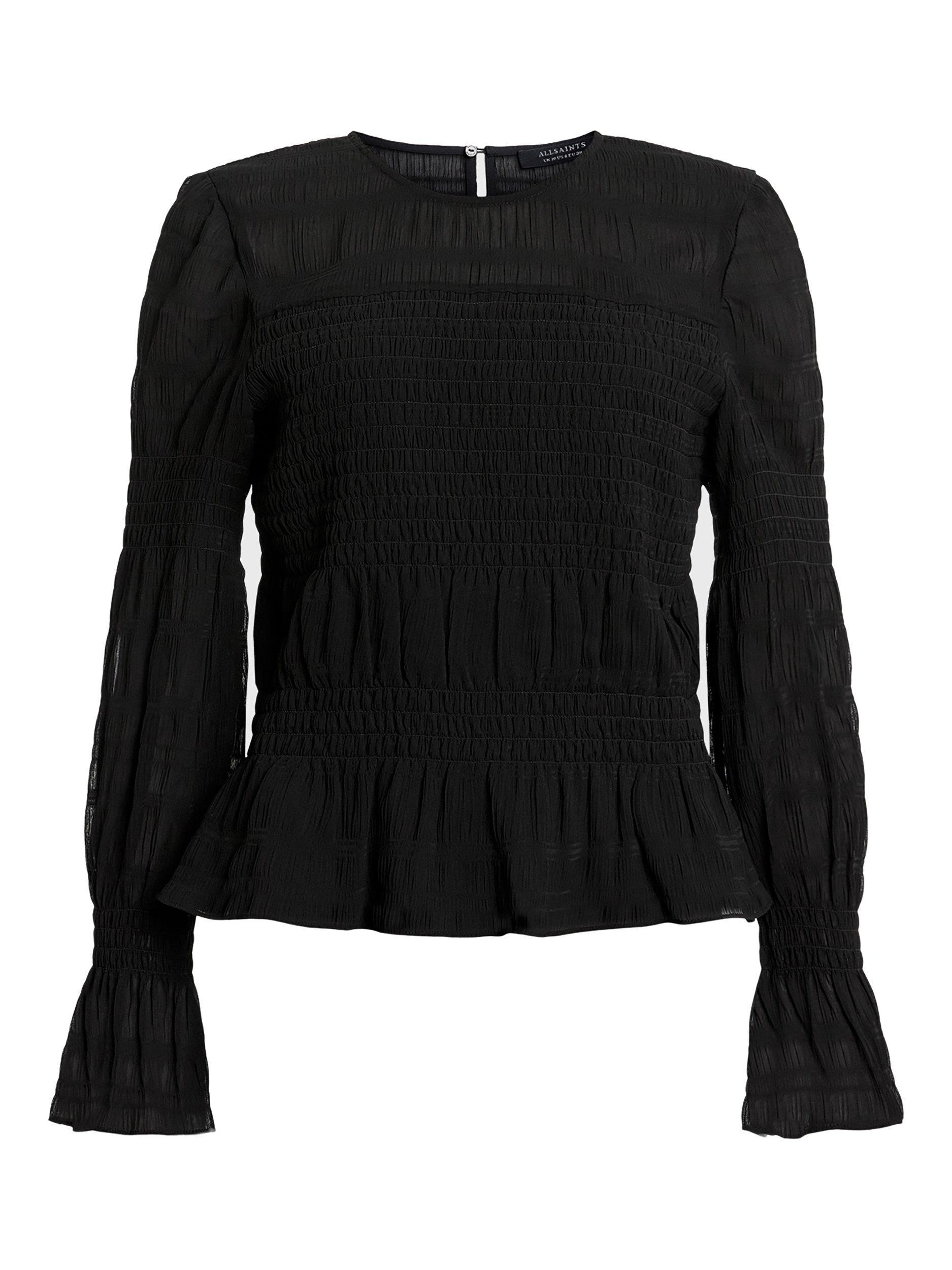 Product image 4 of 7, which shows AllSaints Pamela Shirred Mixed Blend Long Sleeve Top, Black, 10