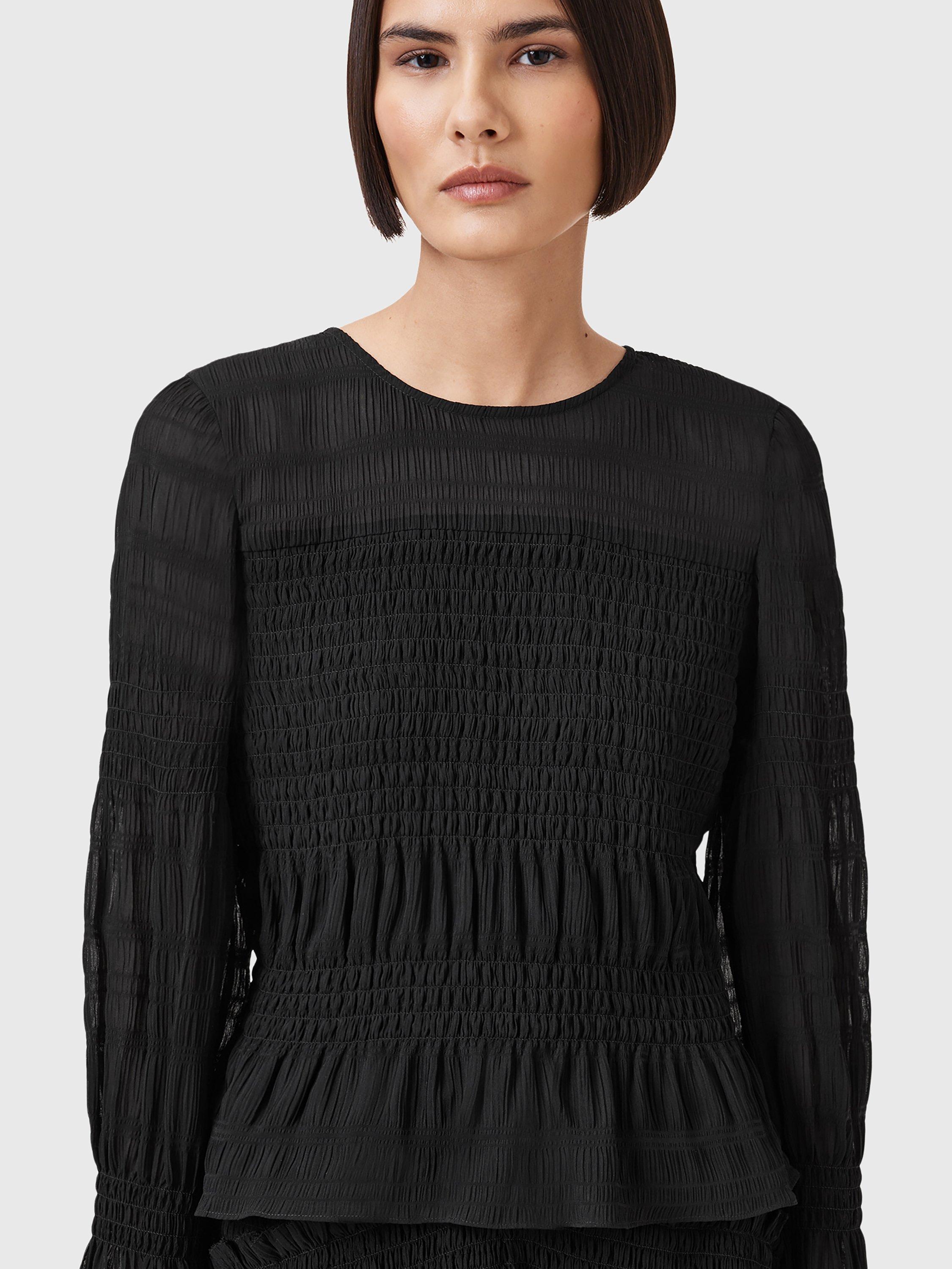 Product image 5 of 7, which shows AllSaints Pamela Shirred Mixed Blend Long Sleeve Top, Black, 10