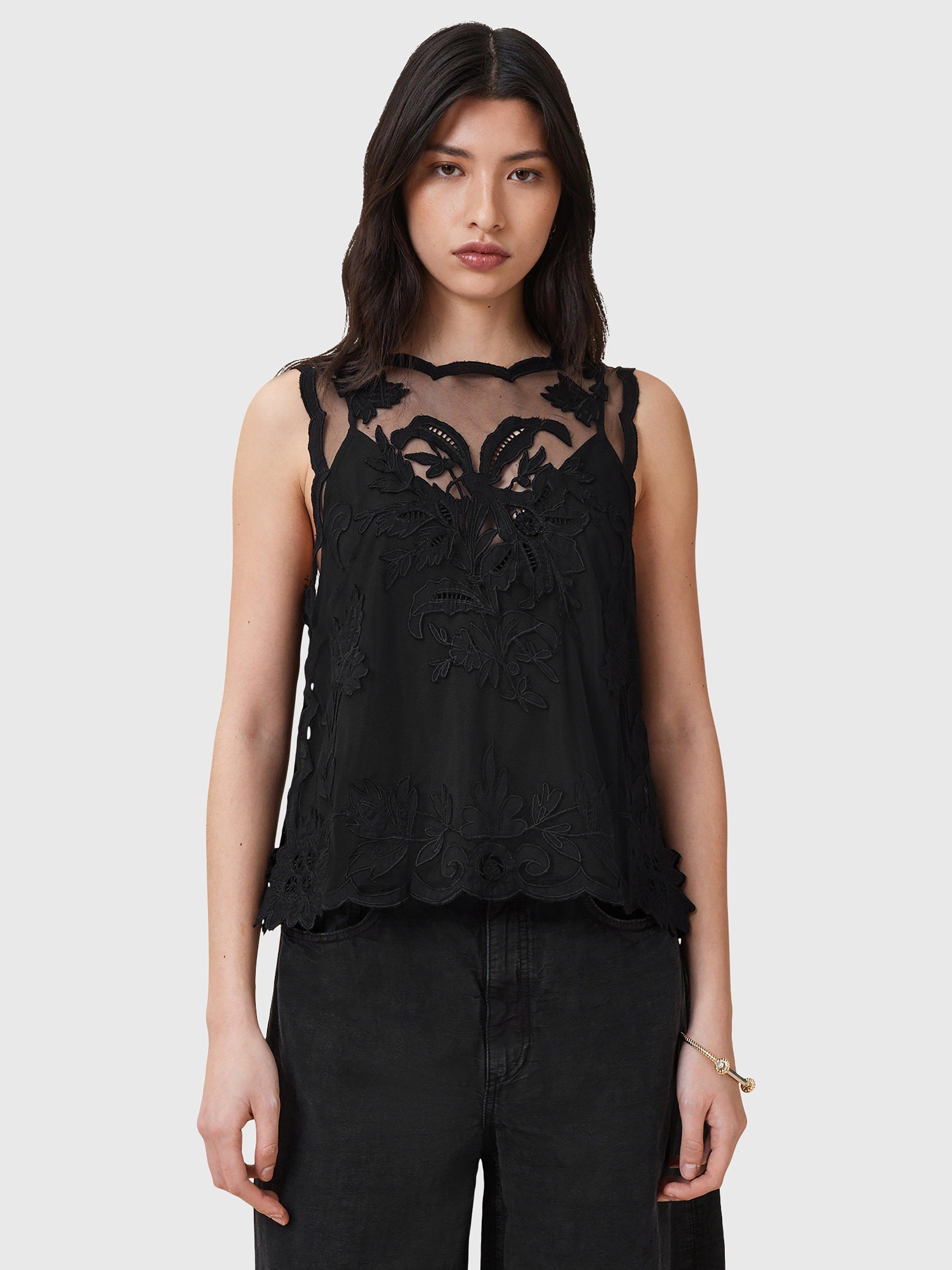 Product image 1 of 6, which shows AllSaints Rye Sleeveless Floral Embroidered Round Neck Top, Black, 10
