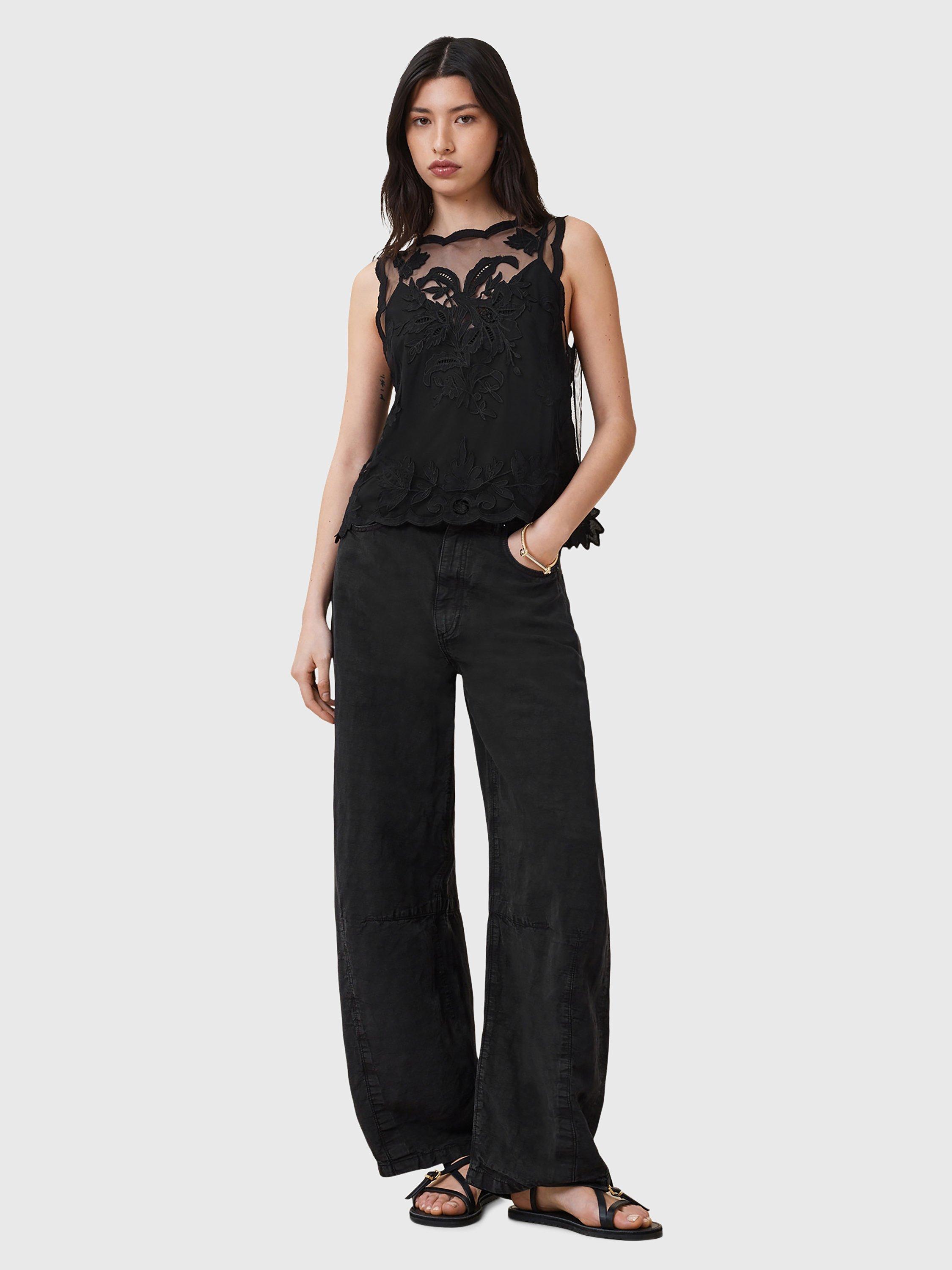 Product image 3 of 6, which shows AllSaints Rye Sleeveless Floral Embroidered Round Neck Top, Black, 10