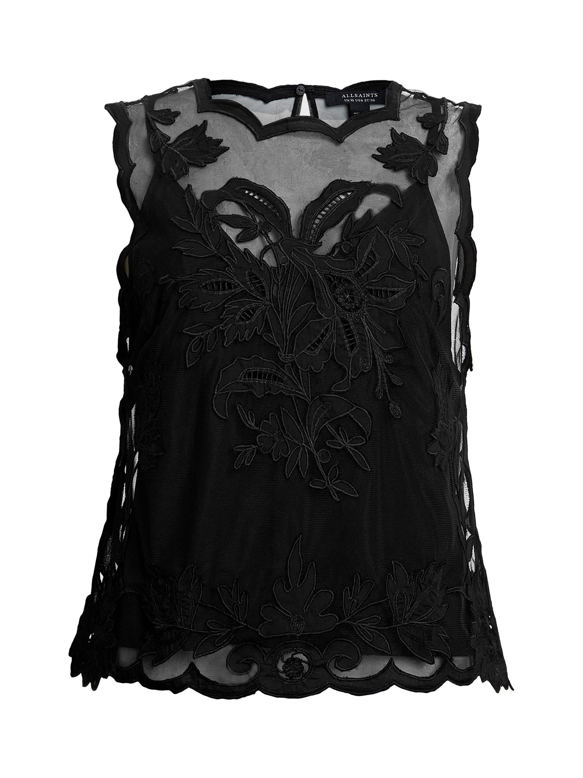 Product image 4 of 6, which shows AllSaints Rye Sleeveless Floral Embroidered Round Neck Top, Black, 10
