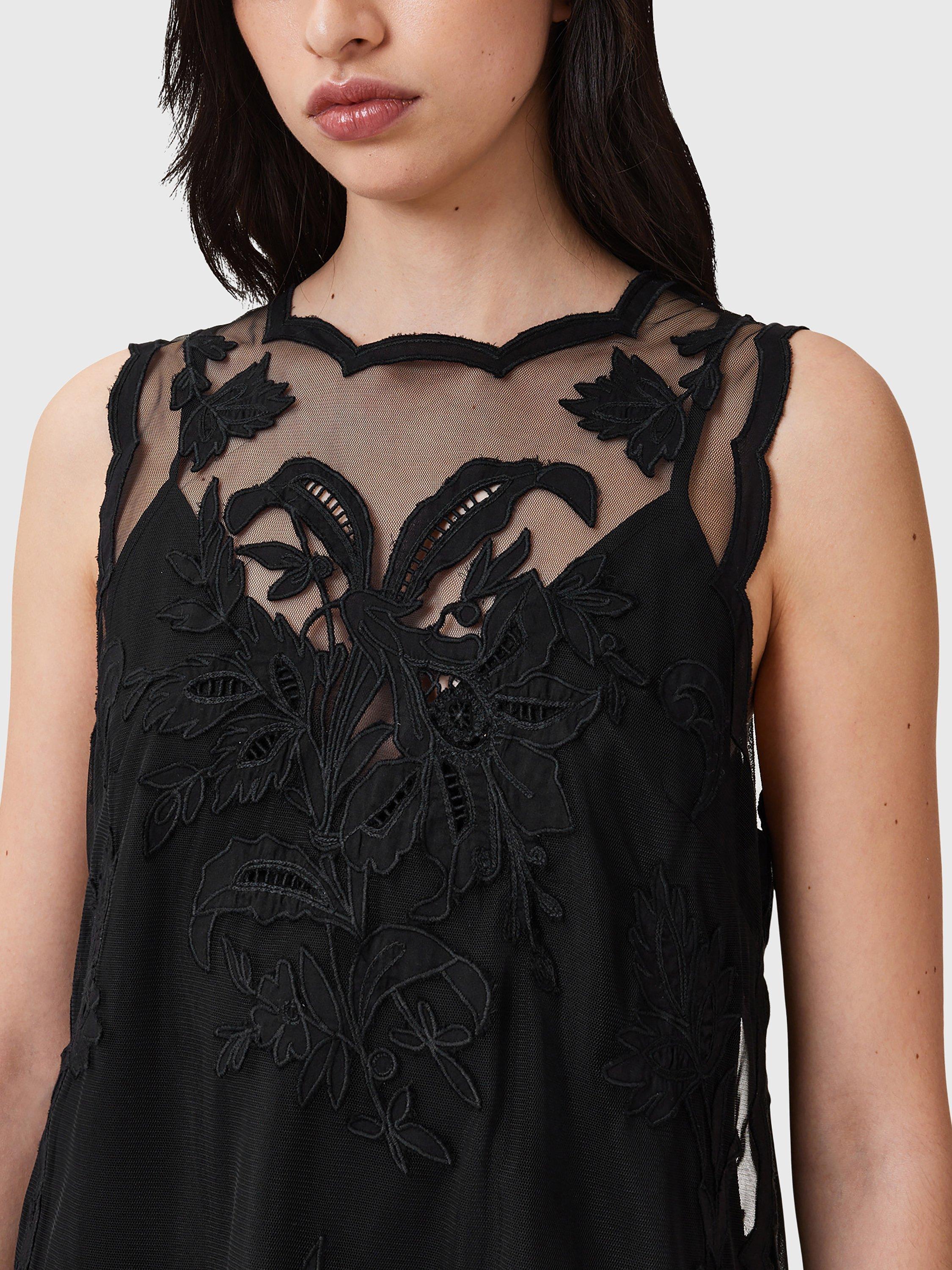 Product image 5 of 6, which shows AllSaints Rye Sleeveless Floral Embroidered Round Neck Top, Black, 10