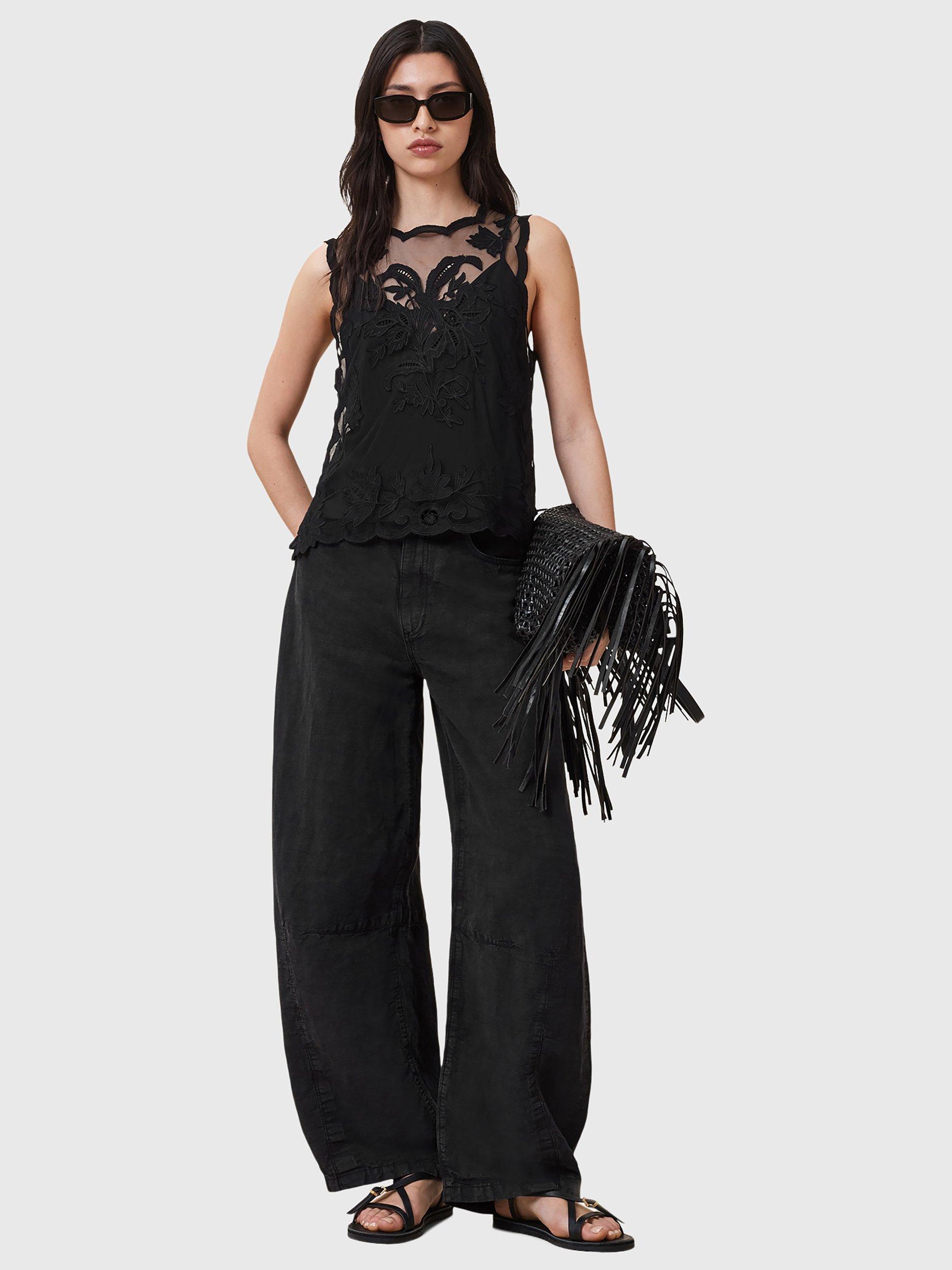 Product image 6 of 6, which shows AllSaints Rye Sleeveless Floral Embroidered Round Neck Top, Black, 10