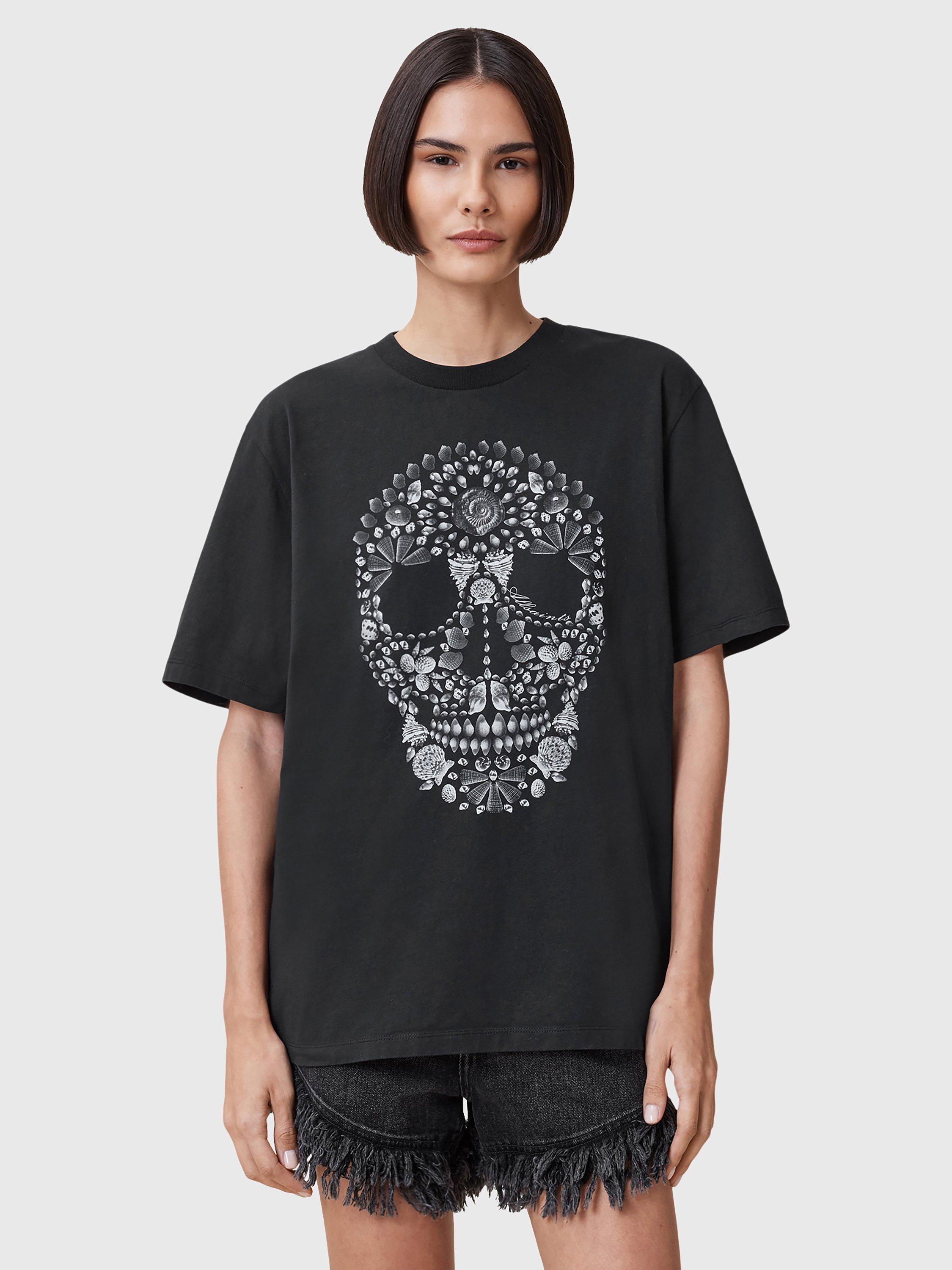 Product image 1 of 7, which shows AllSaints Shkull Organic Cotton Boyfriend T-Shirt, Black, XS