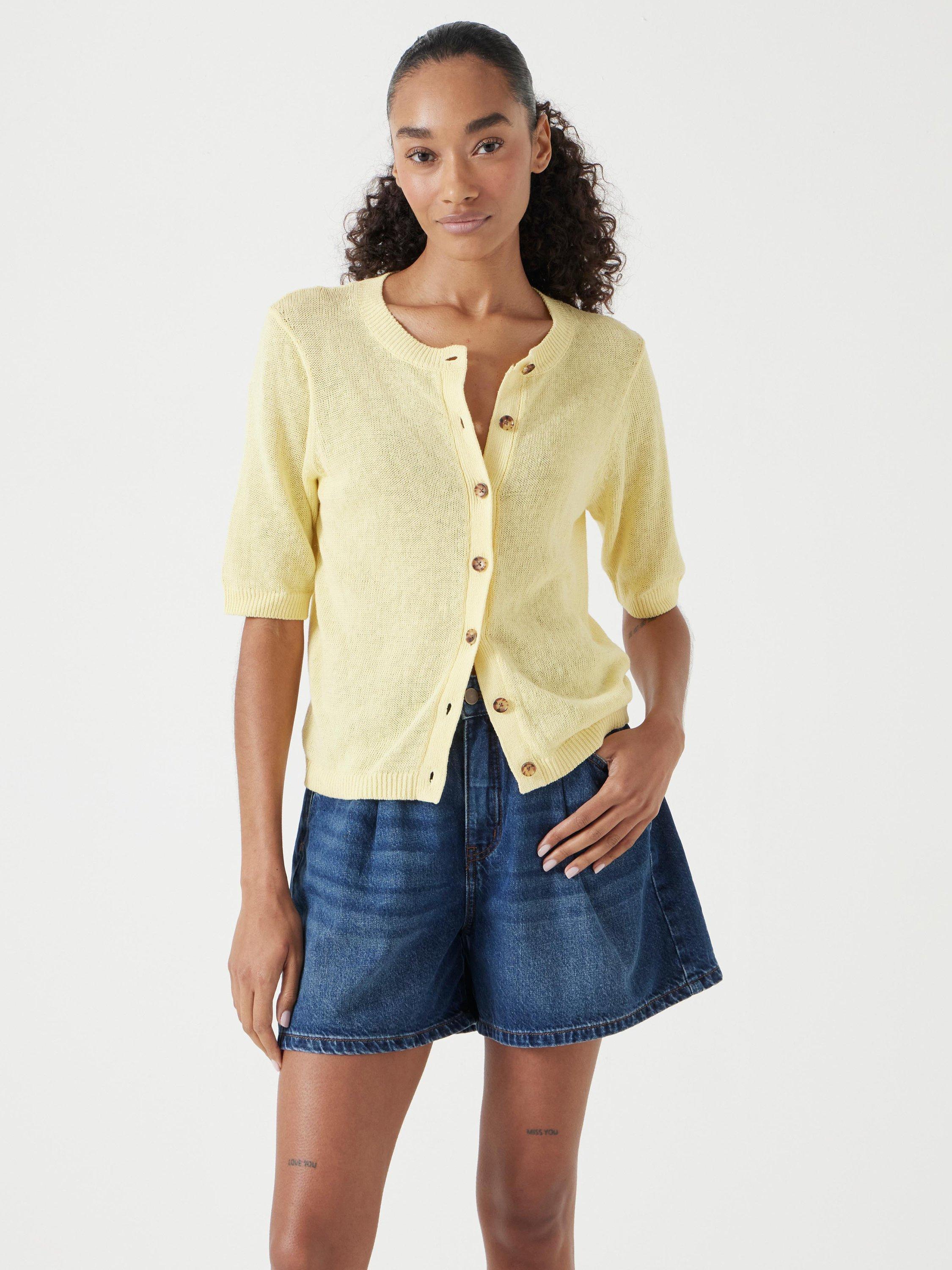Product image 1 of 5, which shows Hush Short Sleeve Linen Blend Knitted Cardigan, Pale Yellow, L