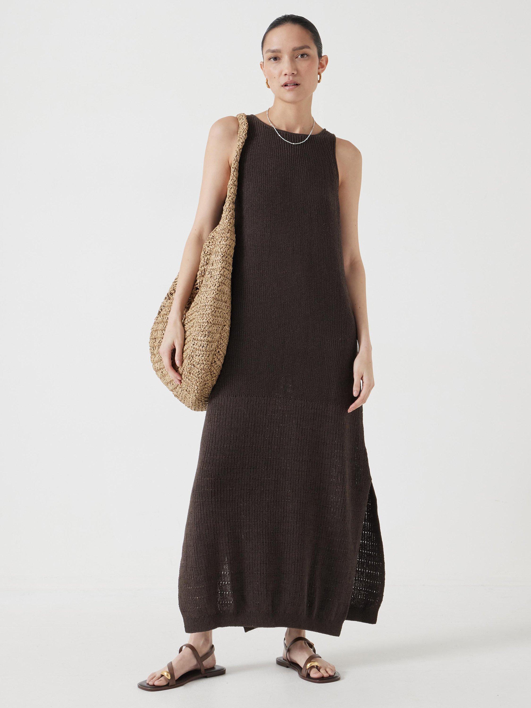 Product image 1 of 5, which shows Hush Clara Knitted Cotton Blend Midi Beach Dress, Chocolate Brown, L-XL