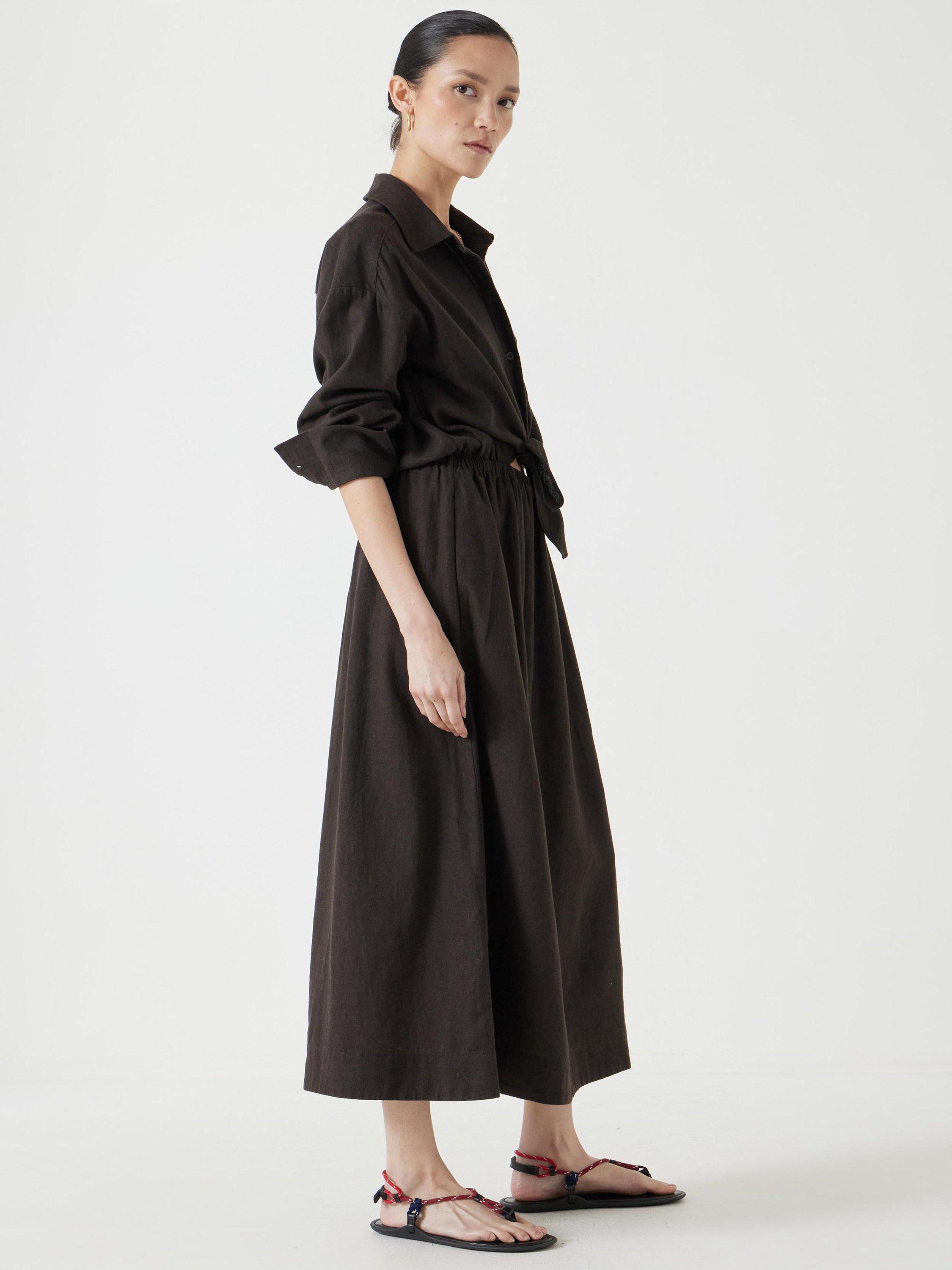 Product image 3 of 6, which shows HUSH Bow Front Linen Blend Shirt Dress, Chocolate Brown, 4