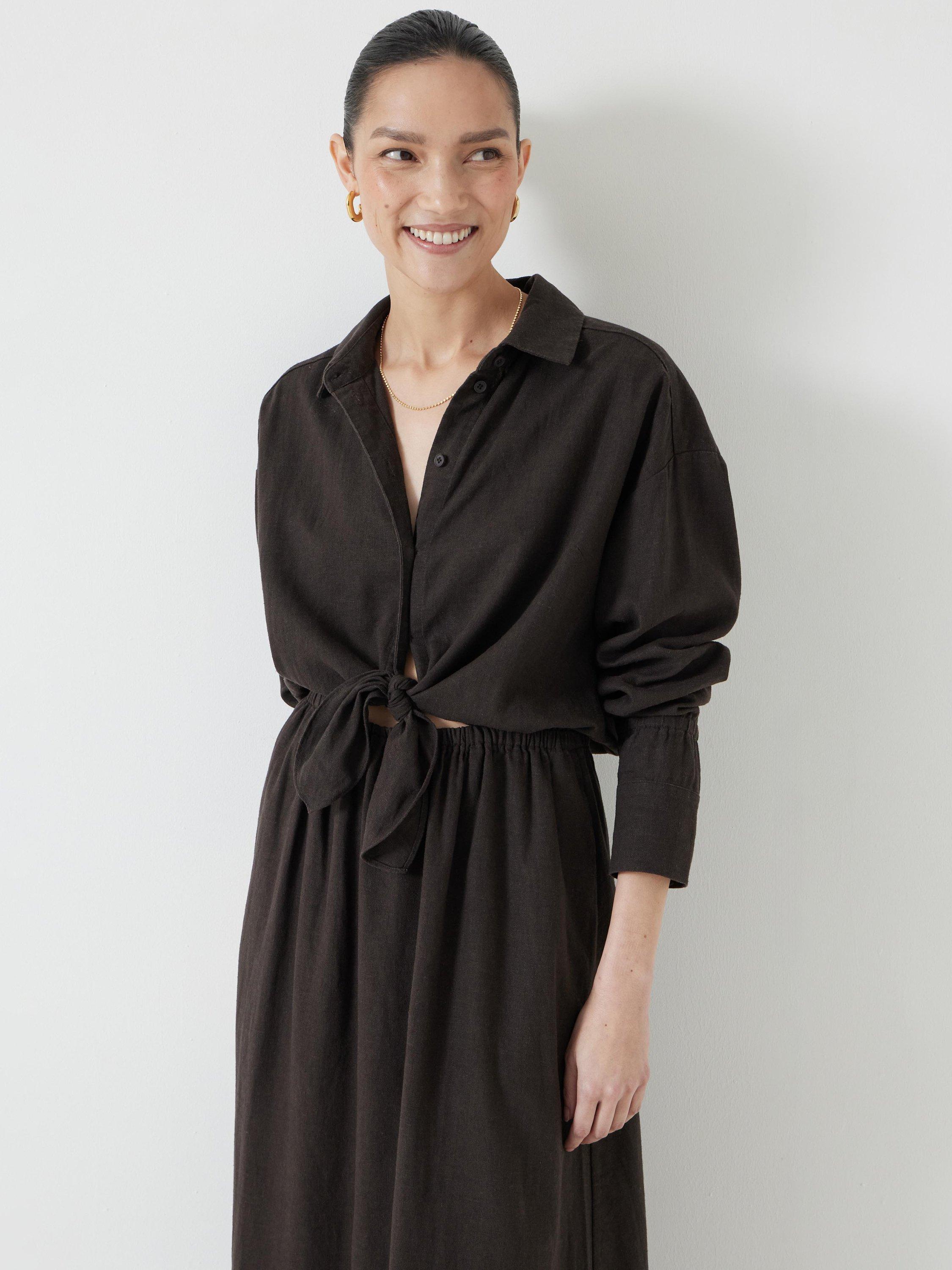 Product image 4 of 6, which shows HUSH Bow Front Linen Blend Shirt Dress, Chocolate Brown, 4