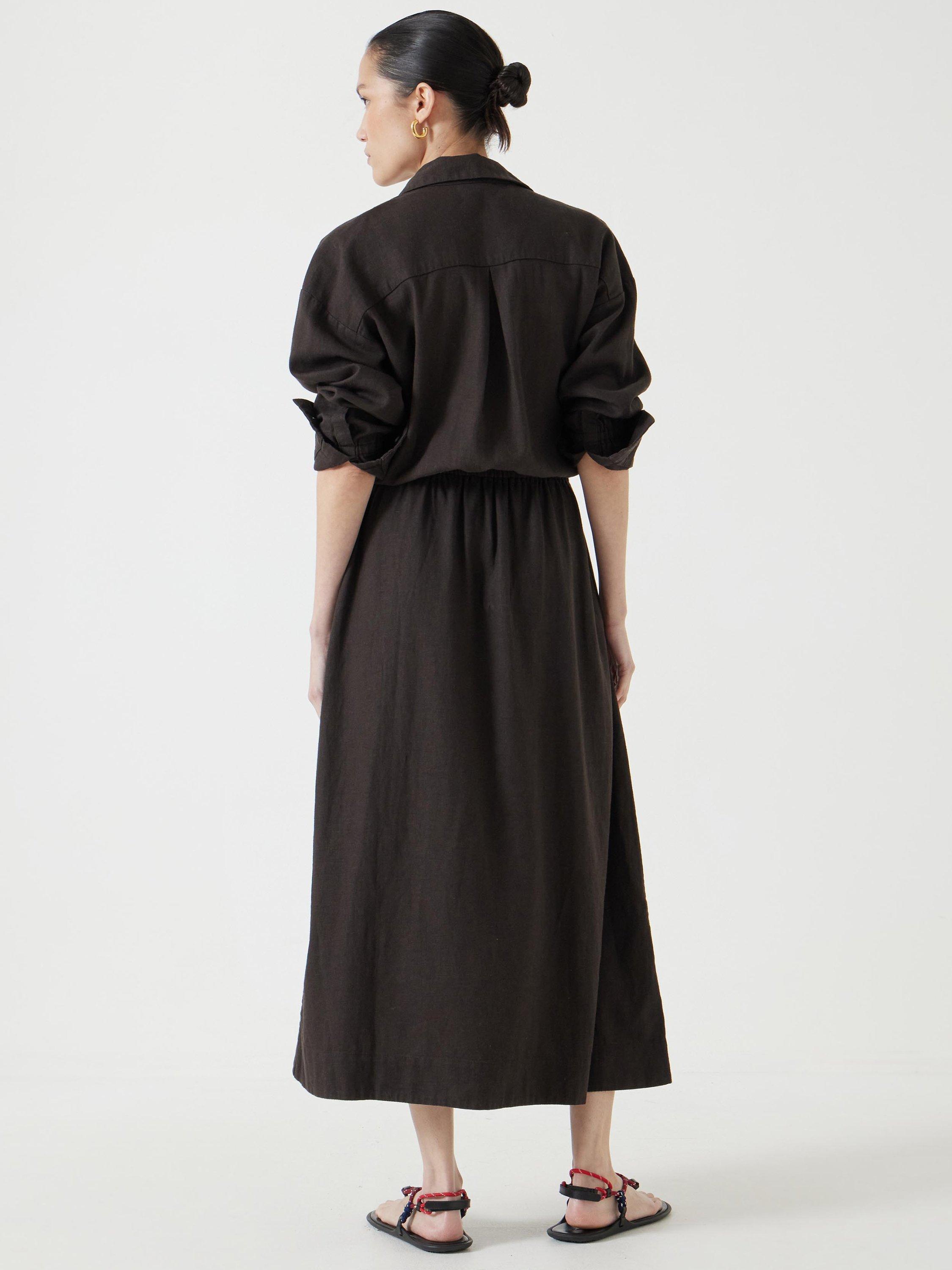 Product image 5 of 6, which shows HUSH Bow Front Linen Blend Shirt Dress, Chocolate Brown, 4