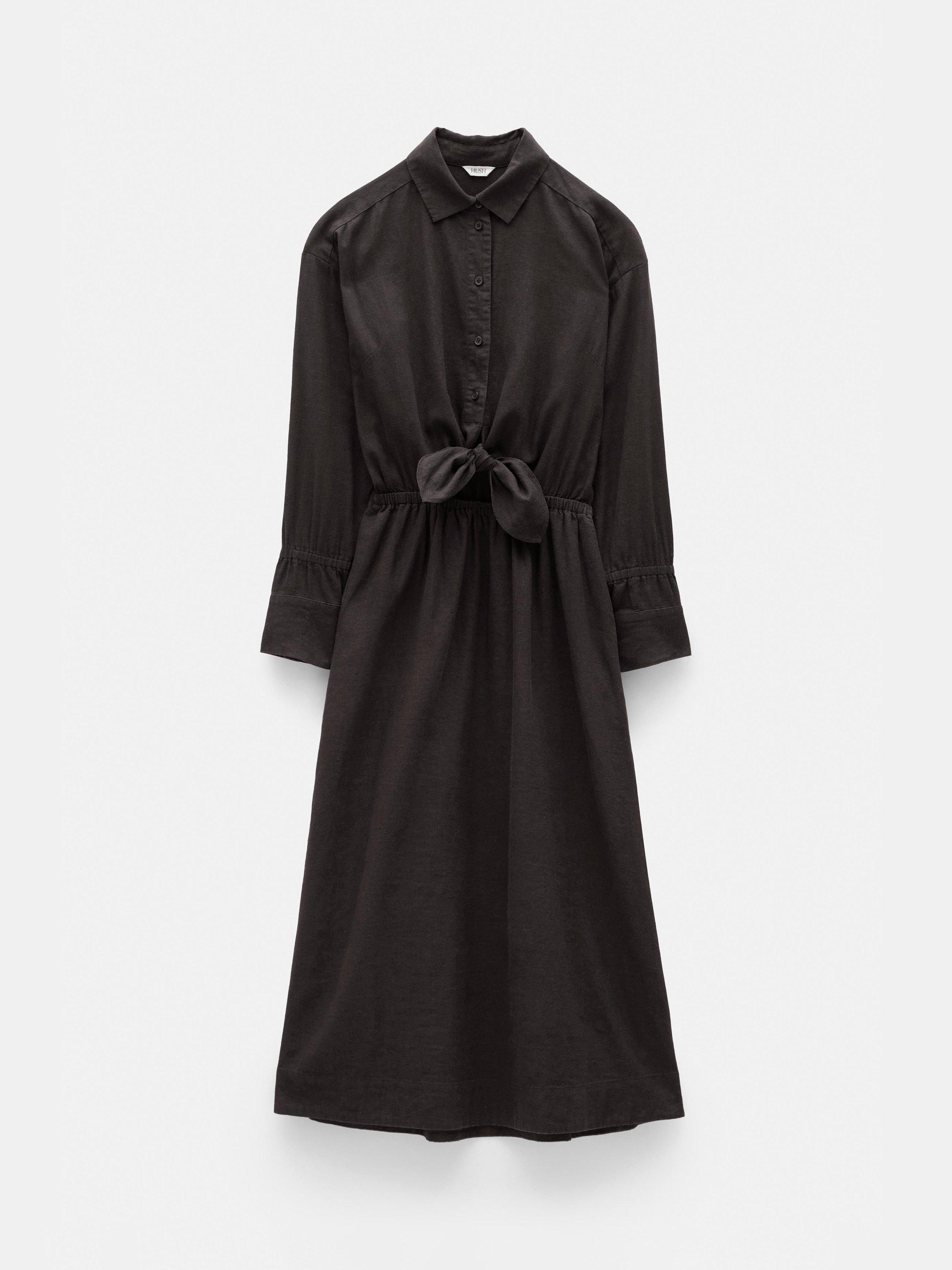 Product image 6 of 6, which shows HUSH Bow Front Linen Blend Shirt Dress, Chocolate Brown, 4
