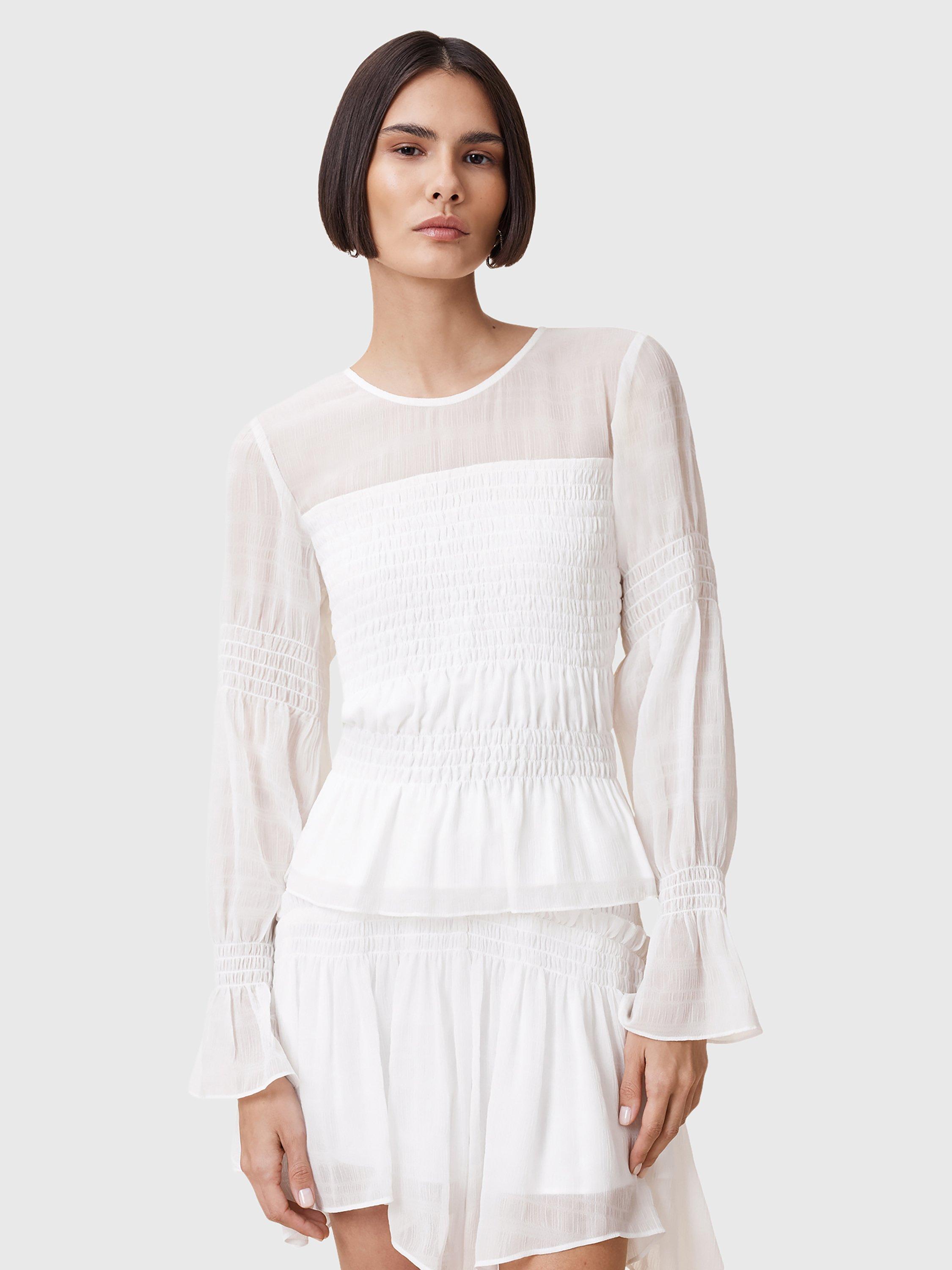 Product image 1 of 6, which shows AllSaints Pamela Shirred Mixed Blend Long Sleeve Top, White, 6
