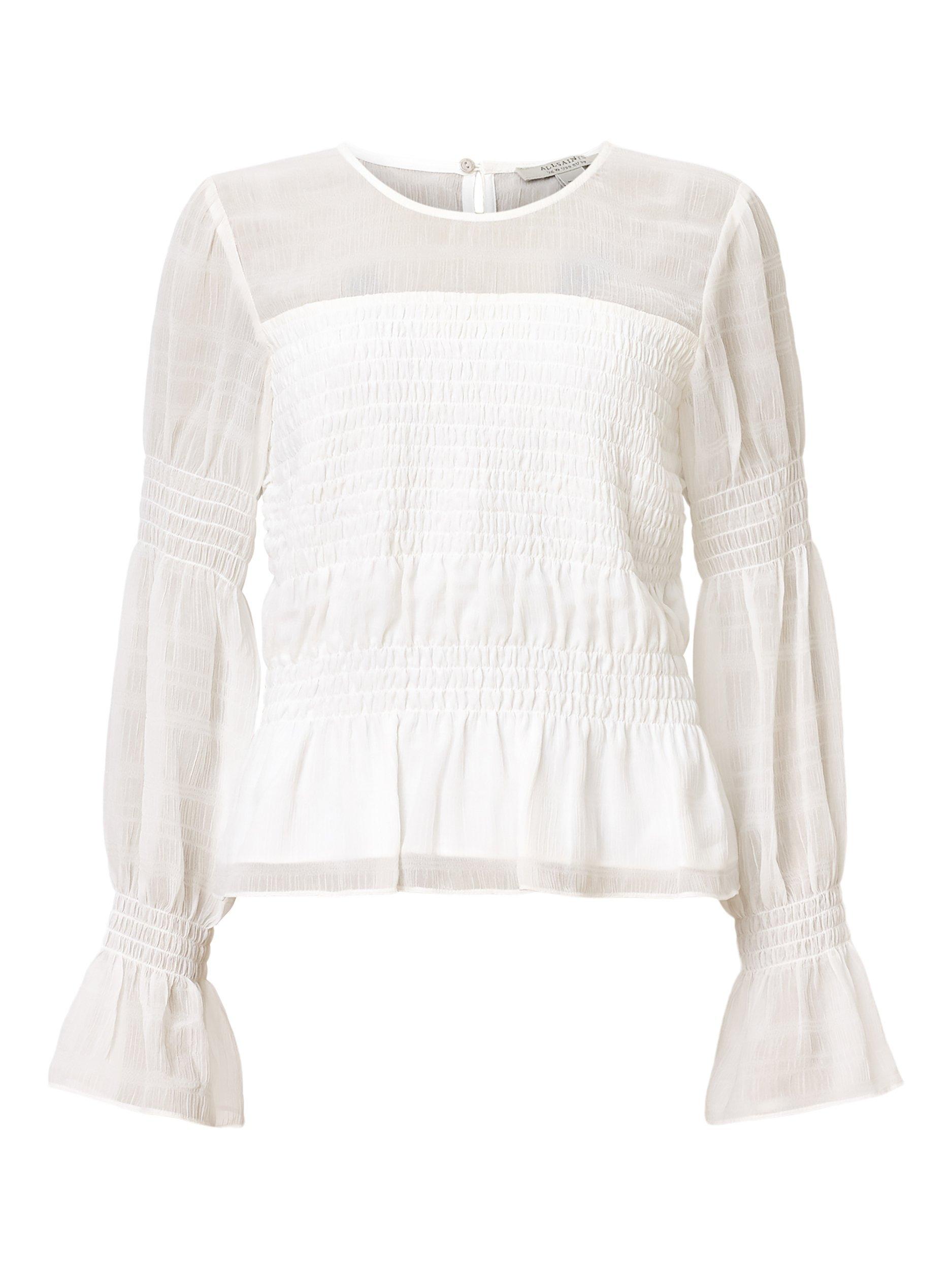 Product image 4 of 6, which shows AllSaints Pamela Shirred Mixed Blend Long Sleeve Top, White, 6