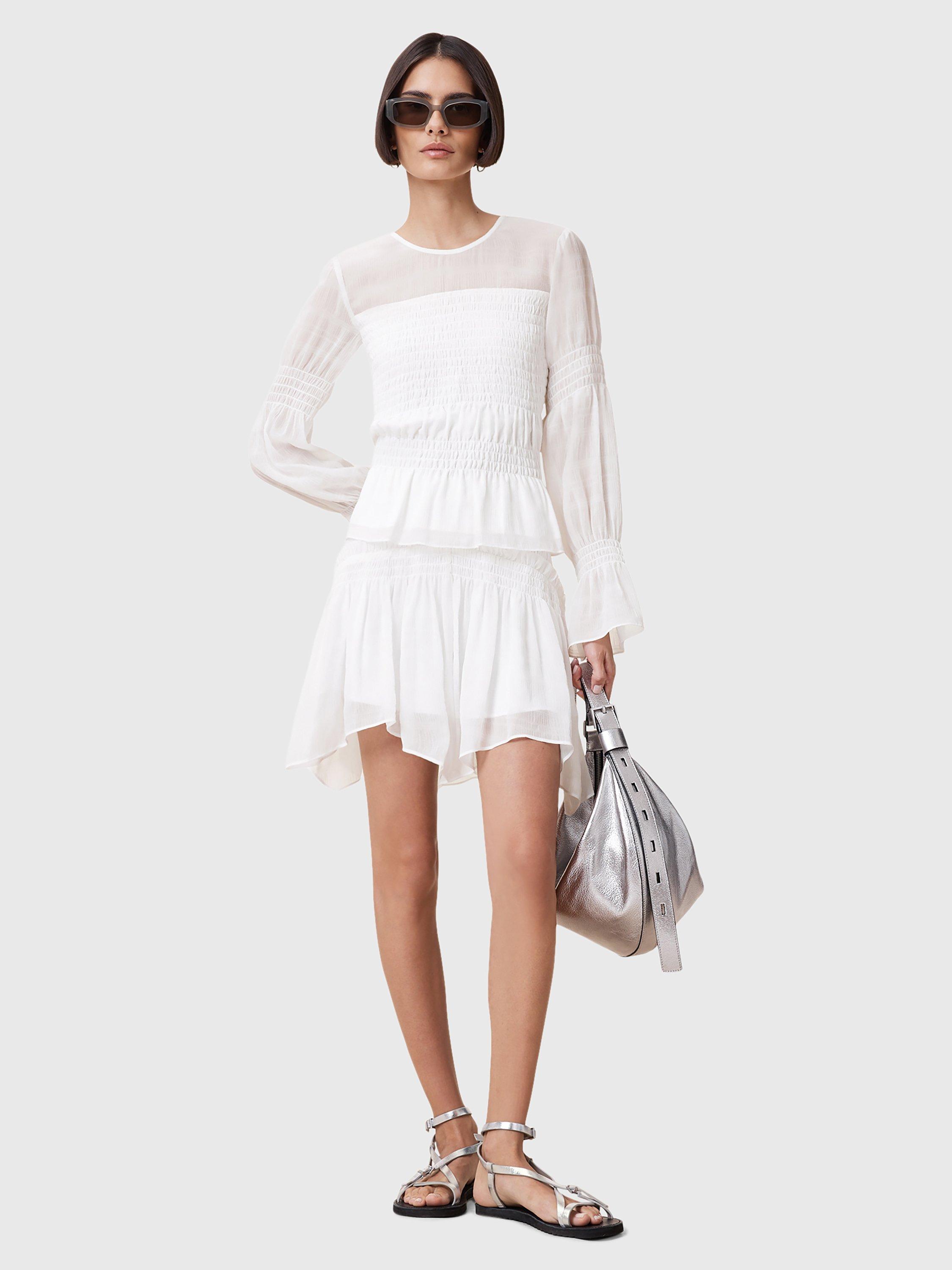 Product image 6 of 6, which shows AllSaints Pamela Shirred Mixed Blend Long Sleeve Top, White, 6