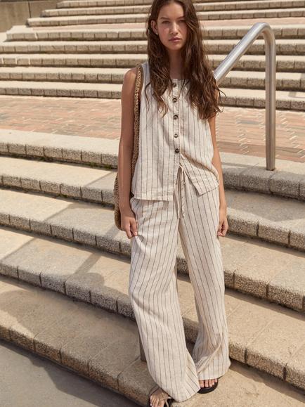 HUSH Petunia Stripe Linen Blend Trousers, Ecru/Black, Ecru/Black