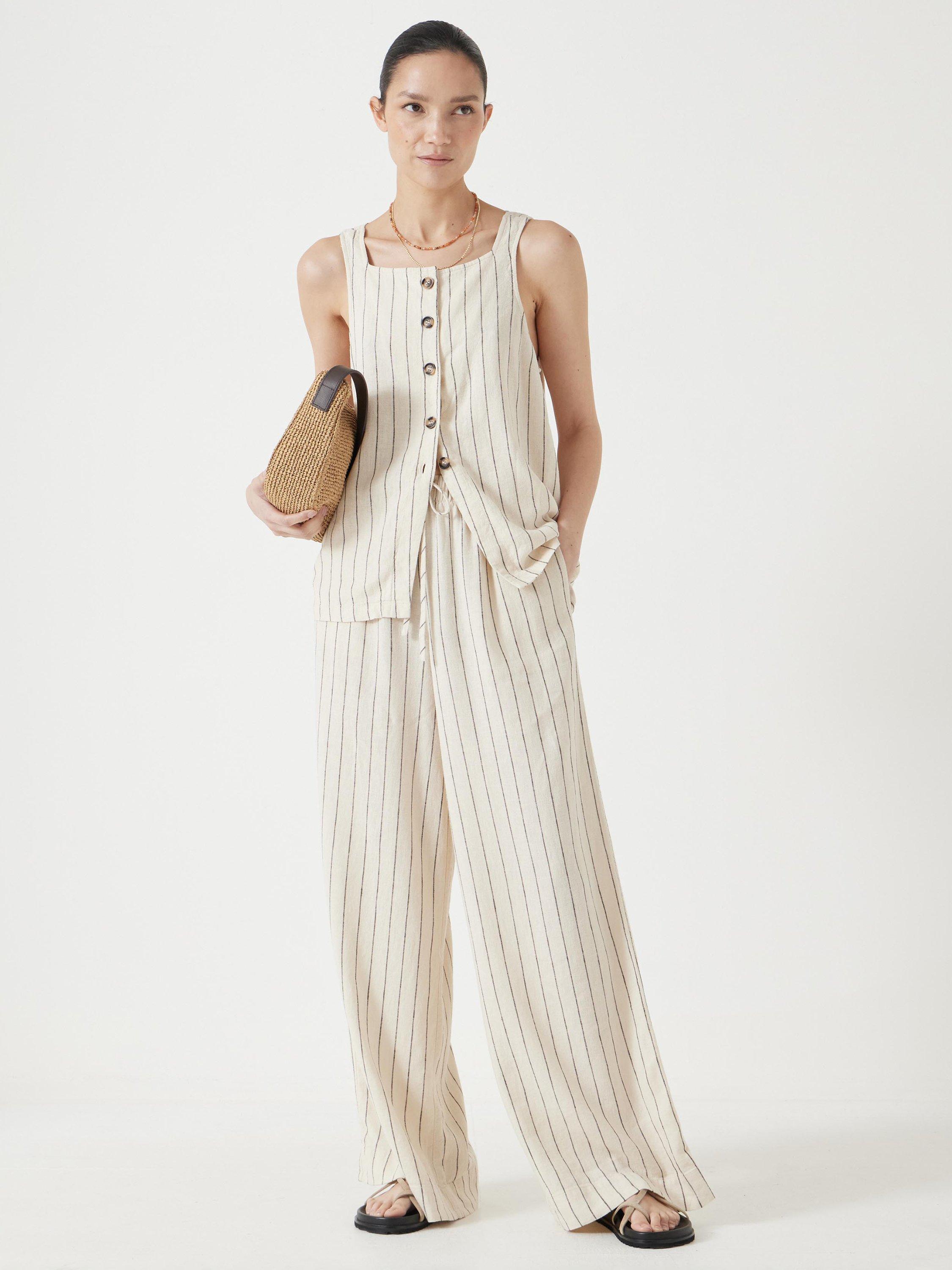 Product image 2 of 5, which shows HUSH Petunia Stripe Linen Blend Trousers, Ecru/Black, 10S