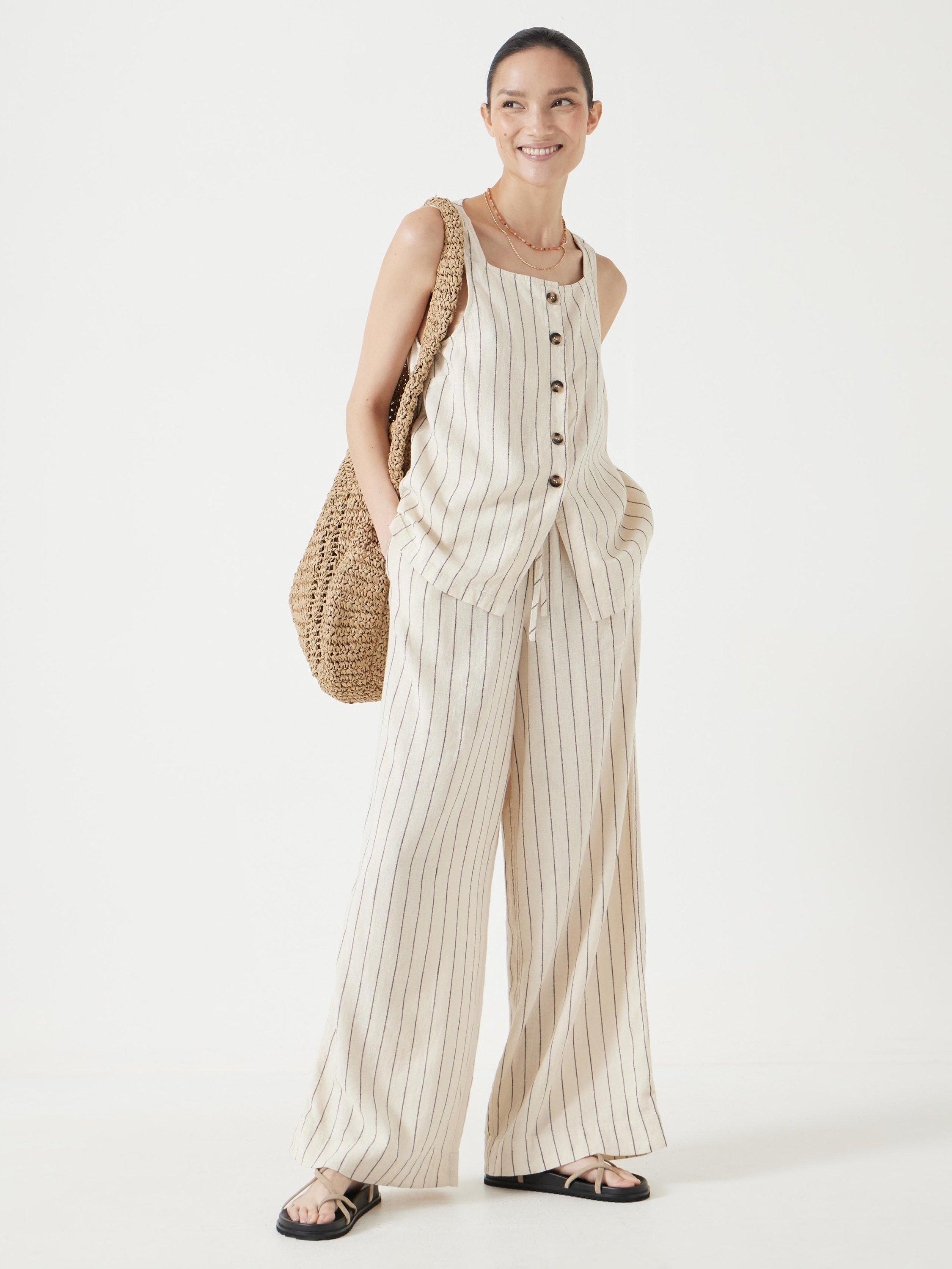 Product image 2 of 5, which shows HUSH Phoebe Stripe Linen Blend Waistcoat, Ecru/Black, 10