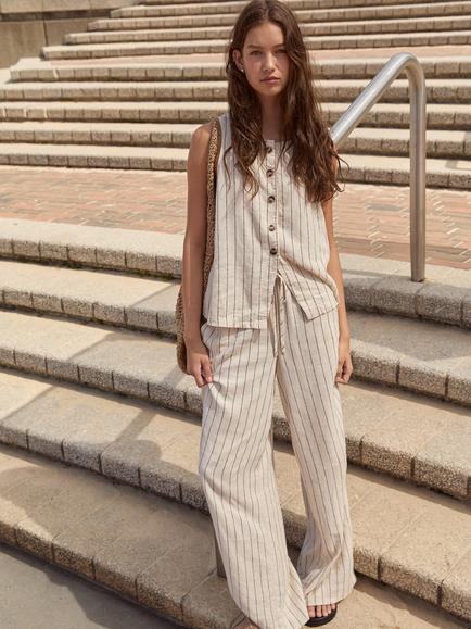 HUSH Phoebe Stripe Linen Blend Waistcoat, Ecru/Black, Ecru/Black