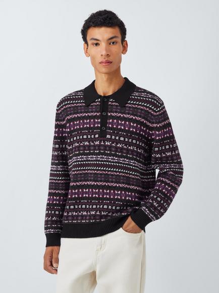 John Lewis Cotton Blend Fair Isle Knit Polo Top, Multi, Multi