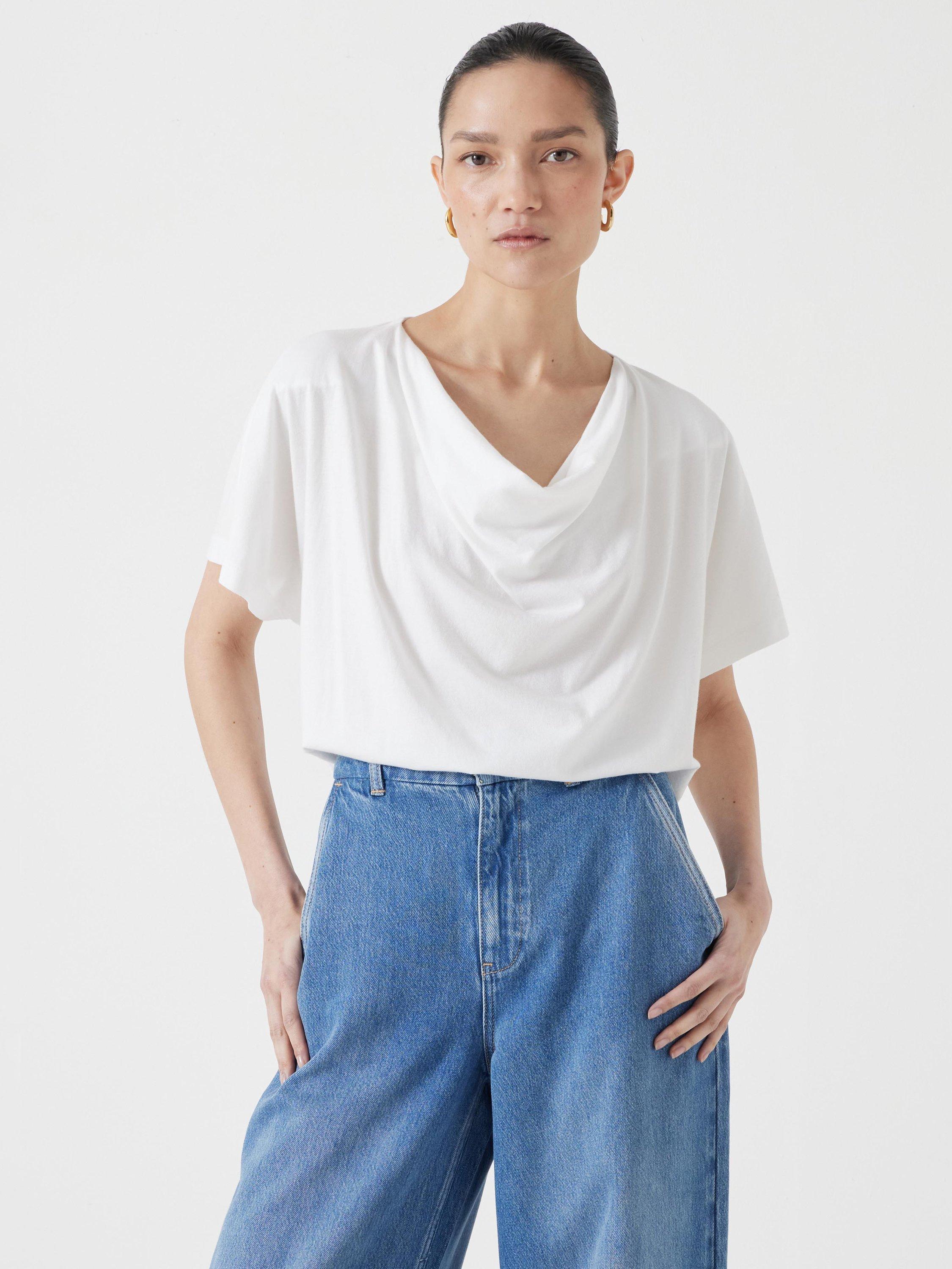 Product image 1 of 5, which shows HUSH Cotton Blend Cowl Neck T-Shirt, White, XS-S