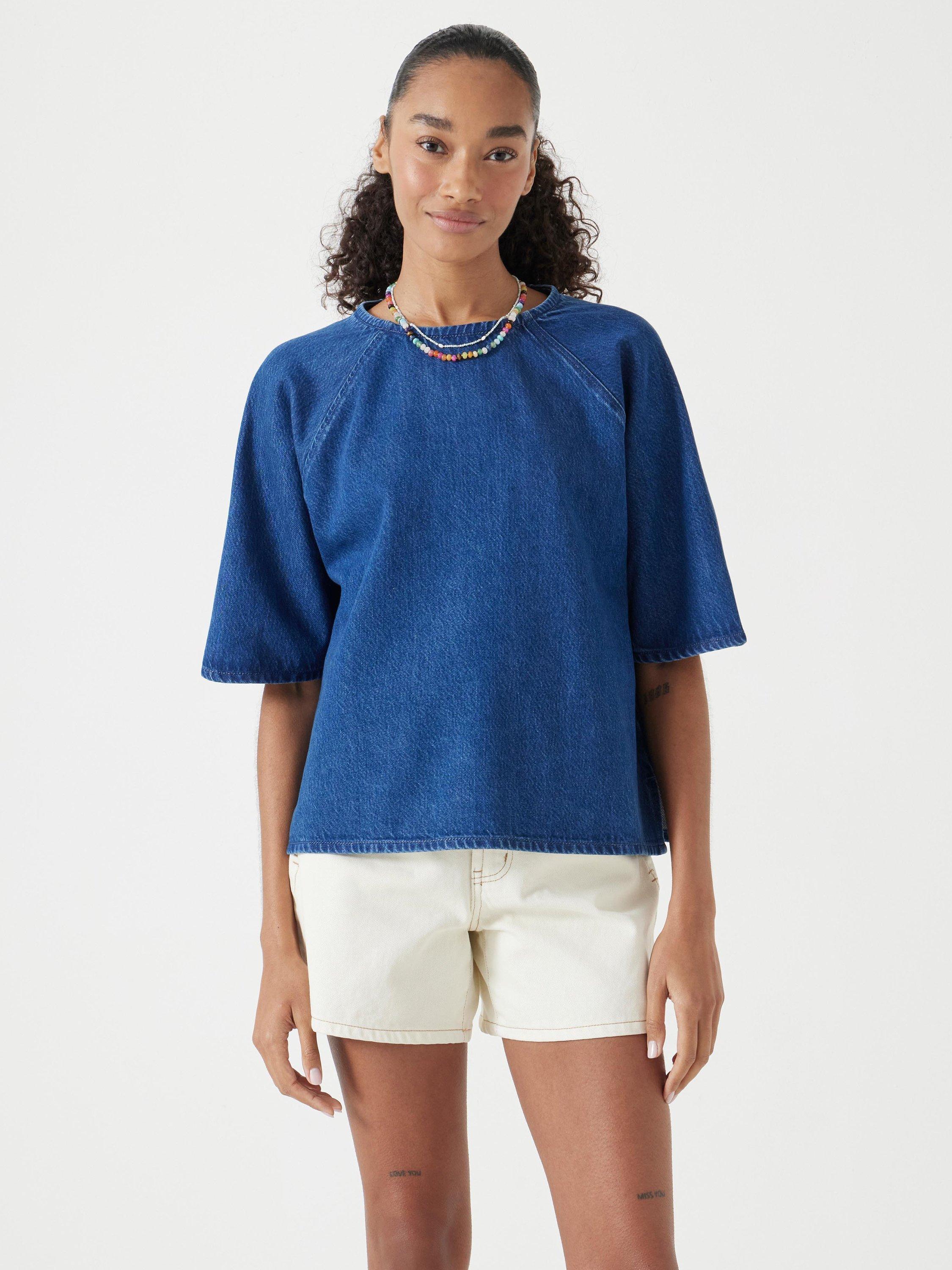 Product image 1 of 5, which shows HUSH Denim Raglan Sleeve Top, Blue, XXS